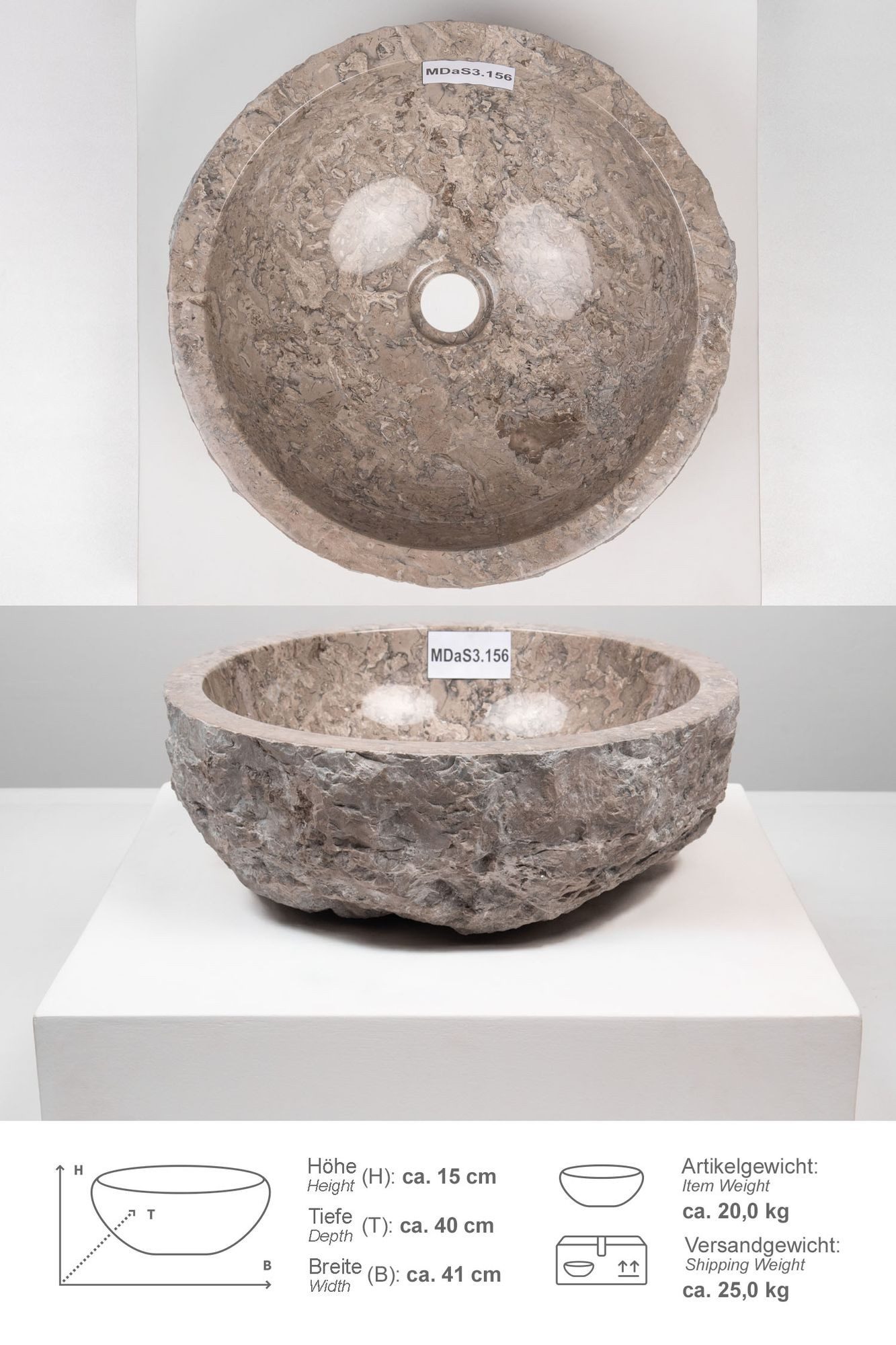 wohnfreuden Aufsatzwaschbecken Erosi Marmor Waschbecken 40 cm grau (Kein Set), 125883_MDaS3.156