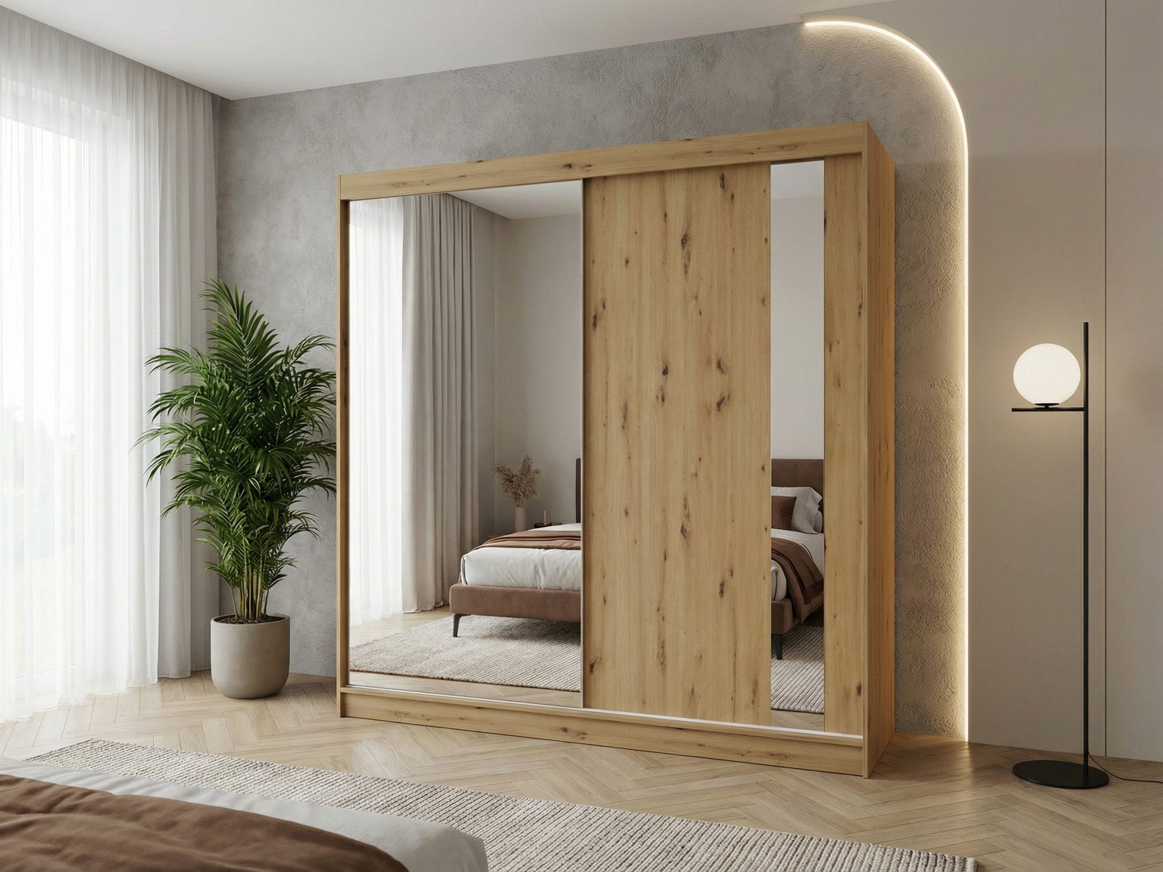 Beautysofa Schwebetürenschrank Gaja (weiß, schwarz, graphit, artisan, Kaschmir Farbe) mit Schubladen, Spiegeln und Kleiderstange