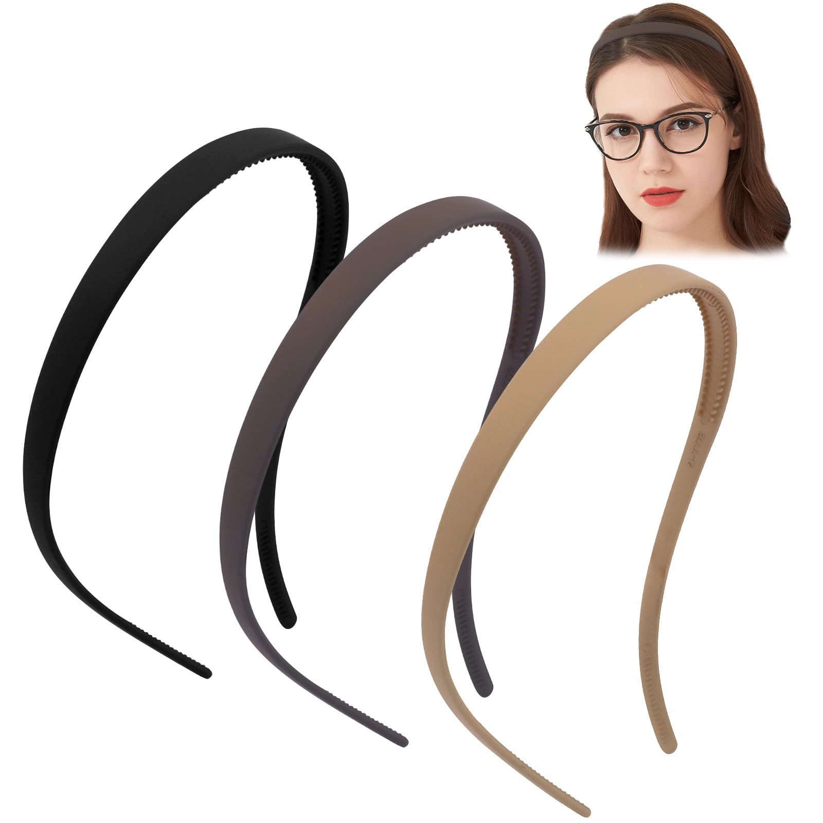 Zaewry Haarband Flex-Haarreifen ohne Druck,Haarband,Dünne Haarreifen, Mattes Finish,Rutschfest mit Zähnen, 3-tlg., Haarreif für Brillenträger,Sonnenbrille Haarreifen