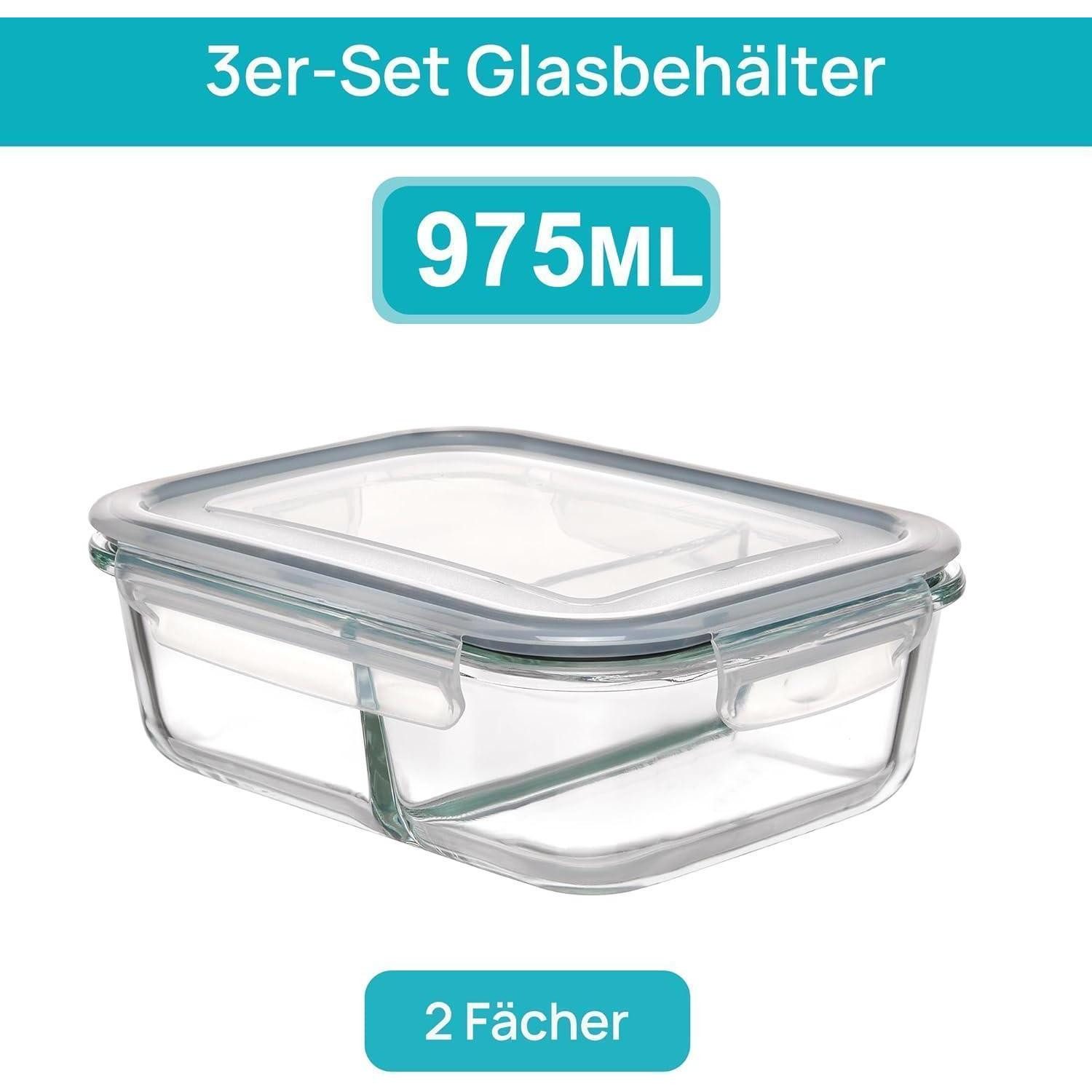 LuxusKollektion Lunchbox Frischhaltedosen Glas 975ml 3er Mikrowelle 3Pack mit Unterteilung
