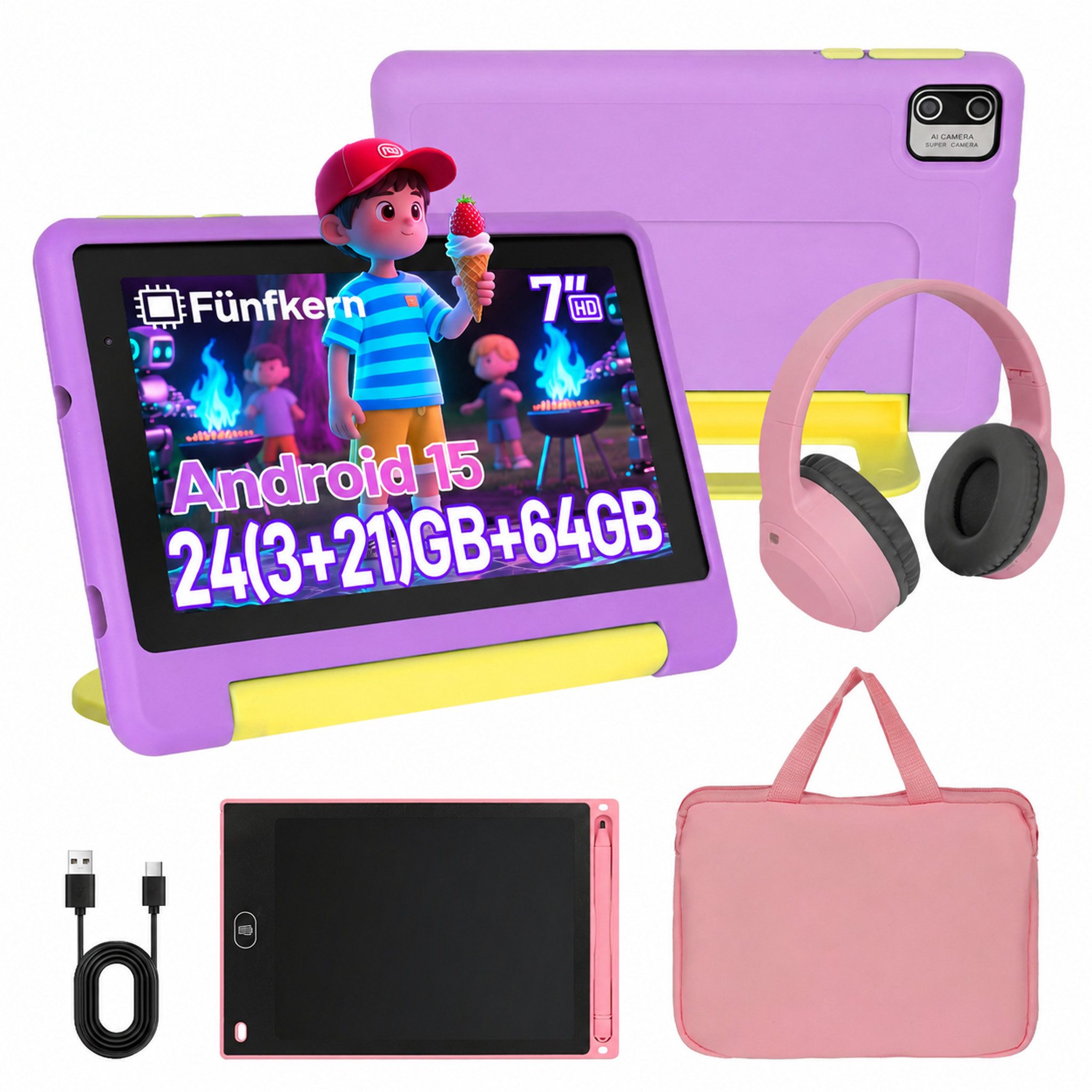Happybe 7 Zoll 64GB HD-Display mit Schreibtafel, Kopfhörer & Tasche Kinder Tablet (7", 64 GB, Android, Android 15, Vorinstallierte Kindersoftware, Lernen durch Spielen)