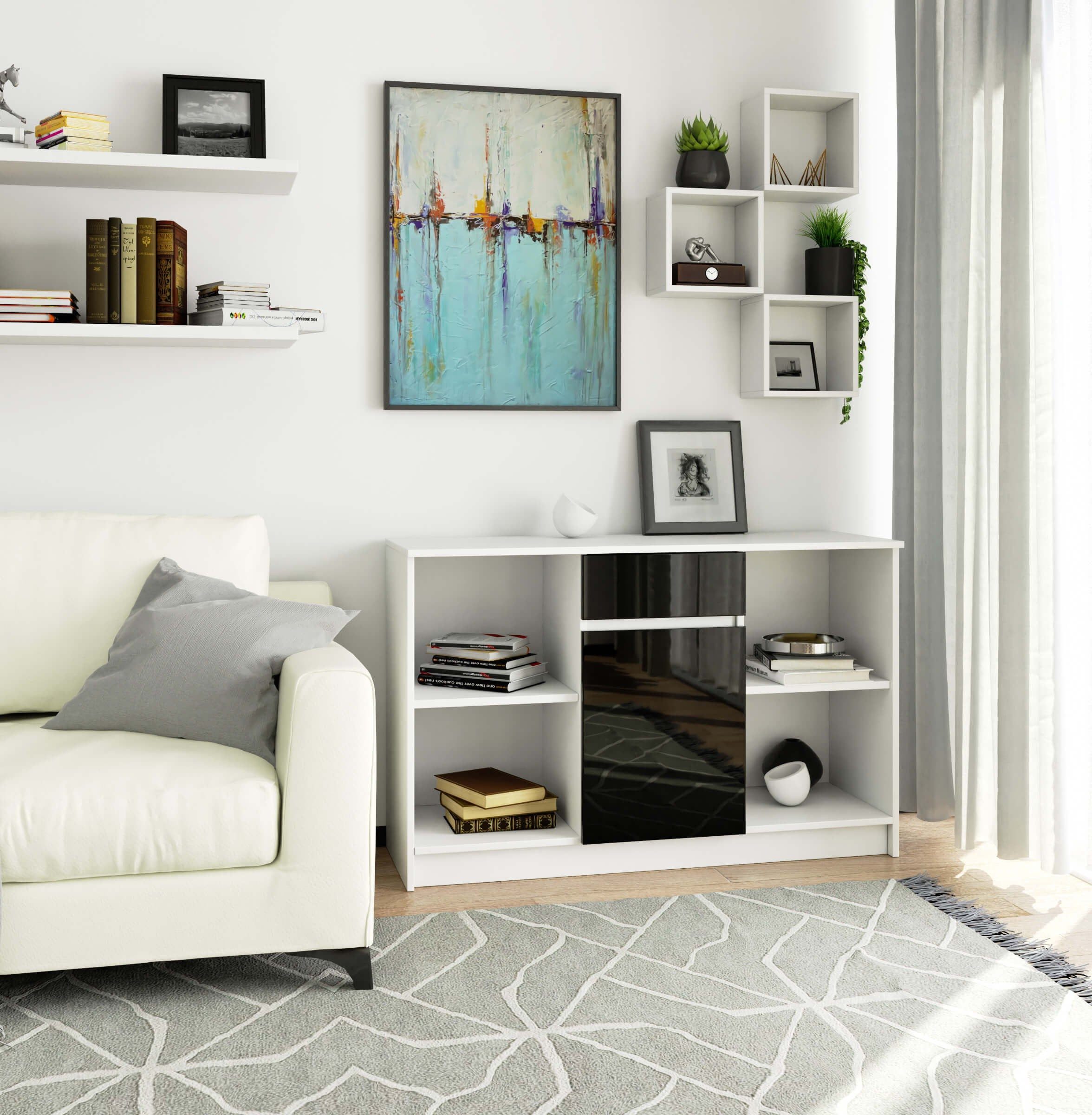 Raumhirsch Furniture Kommode Sideboard 120 cm – 1 Tür, 1 Schublade, 6 Einlegeböden, modern, 1 Schranktür - 1 ausziehbare Schublade - 6 Einlegeböden - Soft-Close