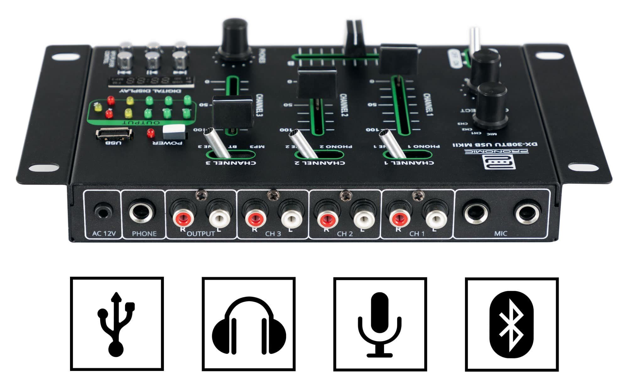 Pronomic DJ Controller DX-30BTU USB MKII DJ-Mixer - Bluetooth - 3 Kanäle - Cue-Funktion, (Talkover-Funktion), Hochqualitativer USB/MP3/Bluetooth-Player