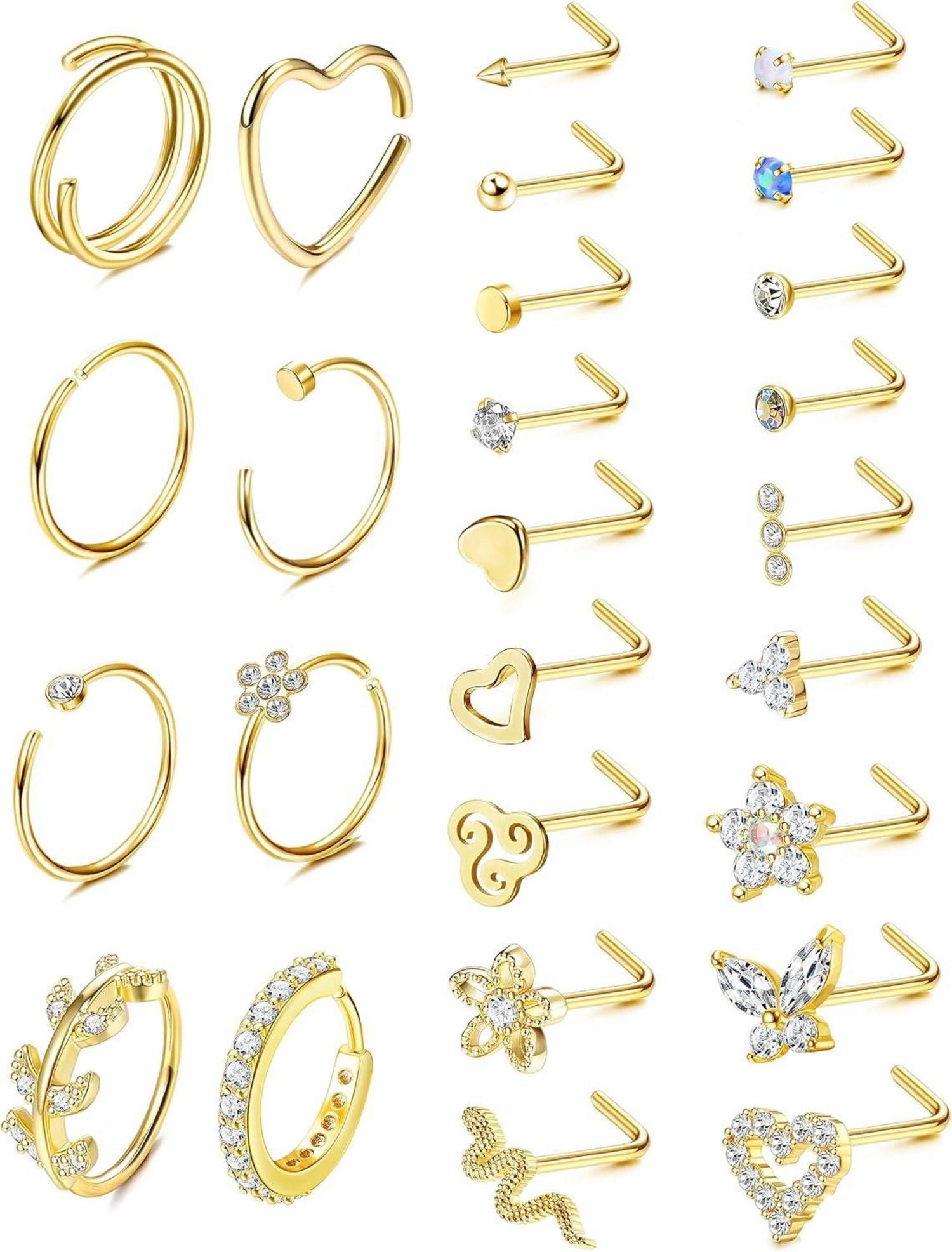 Adramata Nasenpiercing-Set 26-teiliges 20G Nasenpiercing Set Chirurgenstahl Gold Silber Brillant