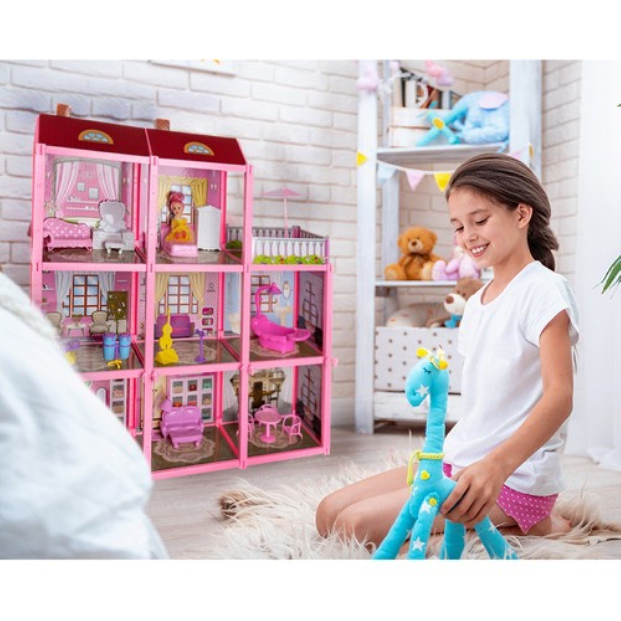 KRUZZEL Puppenhaus Puppenvilla mit Puppenfigur: Großes Puppenhaus-Set, (Puppenhaus-Set, Puppenhaus mit 3 Ebenen und Ausstattung), Großes Puppenhaus mit 8 Zimmer – Bild 3 von 5