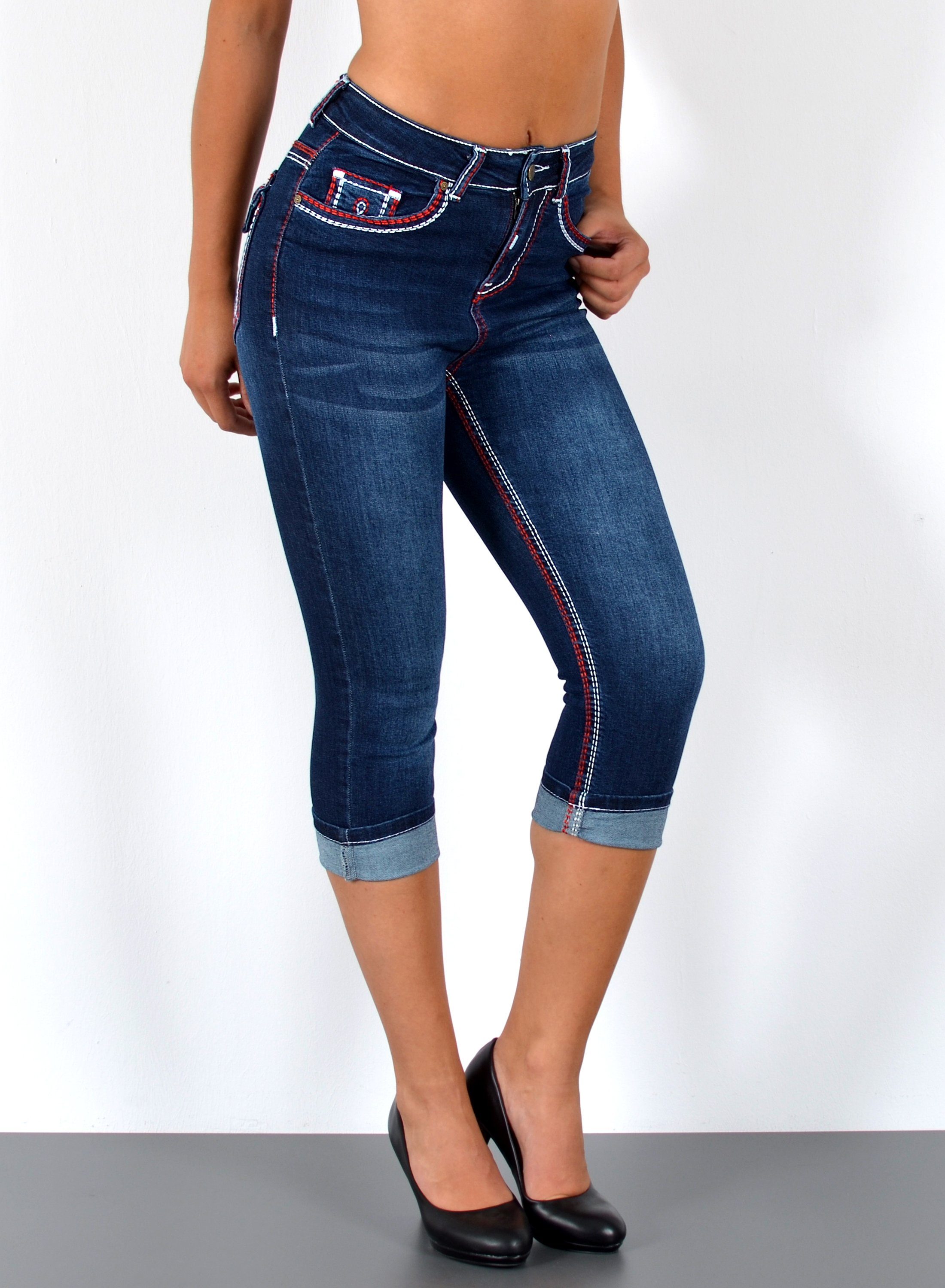ESRA Caprijeans 3/4 Capri Jeans Damen High Waist weiße Naht Jeans Kontrastnähte J569 Capri Jeans Damen High Waist weiße Naht Jeans Kontrastnähte J569