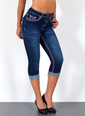 ESRA Caprijeans J569 Damen High Waist Capri Jeans mit dicker Naht, bis Übergröße / Plussize Größe, Damen 3/4 Capri Jeans-Hose Hochbund mit Kontrastnähte, bis Große Größen, Damen Caprijeans High Rise mit weißer & roter Doppelnaht