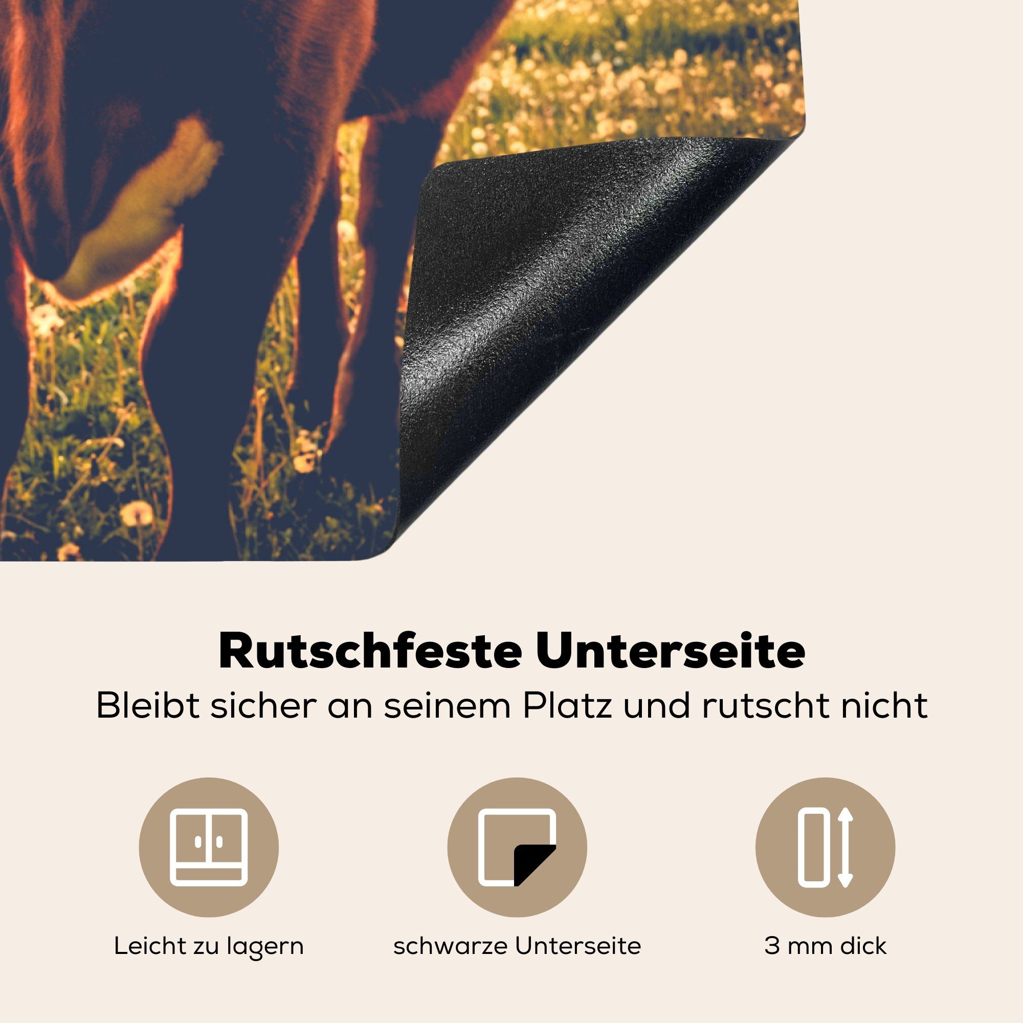 Induktionskochfeld - Schutz Kuh MuchoWow küche, Sonnenuntergang tlg), Blumen cm, Gras für Vinyl, Herdblende-/Abdeckplatte die Tiere, (1 81x52 - - - Ceranfeldabdeckung