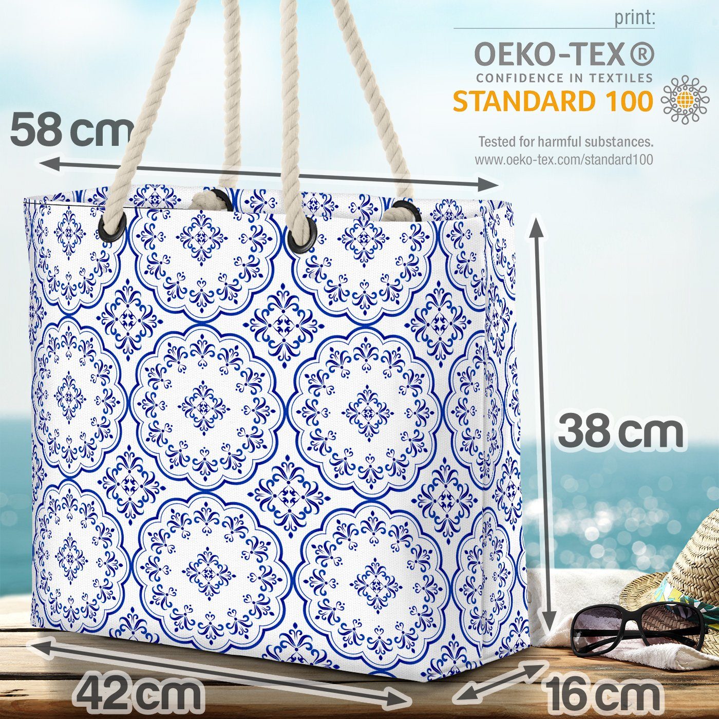 Muster Landhaus Muster Beach Weiss Bag gemustert Blau Bad VOID Strandtasche Stil (1-tlg), Fliesen Ornament