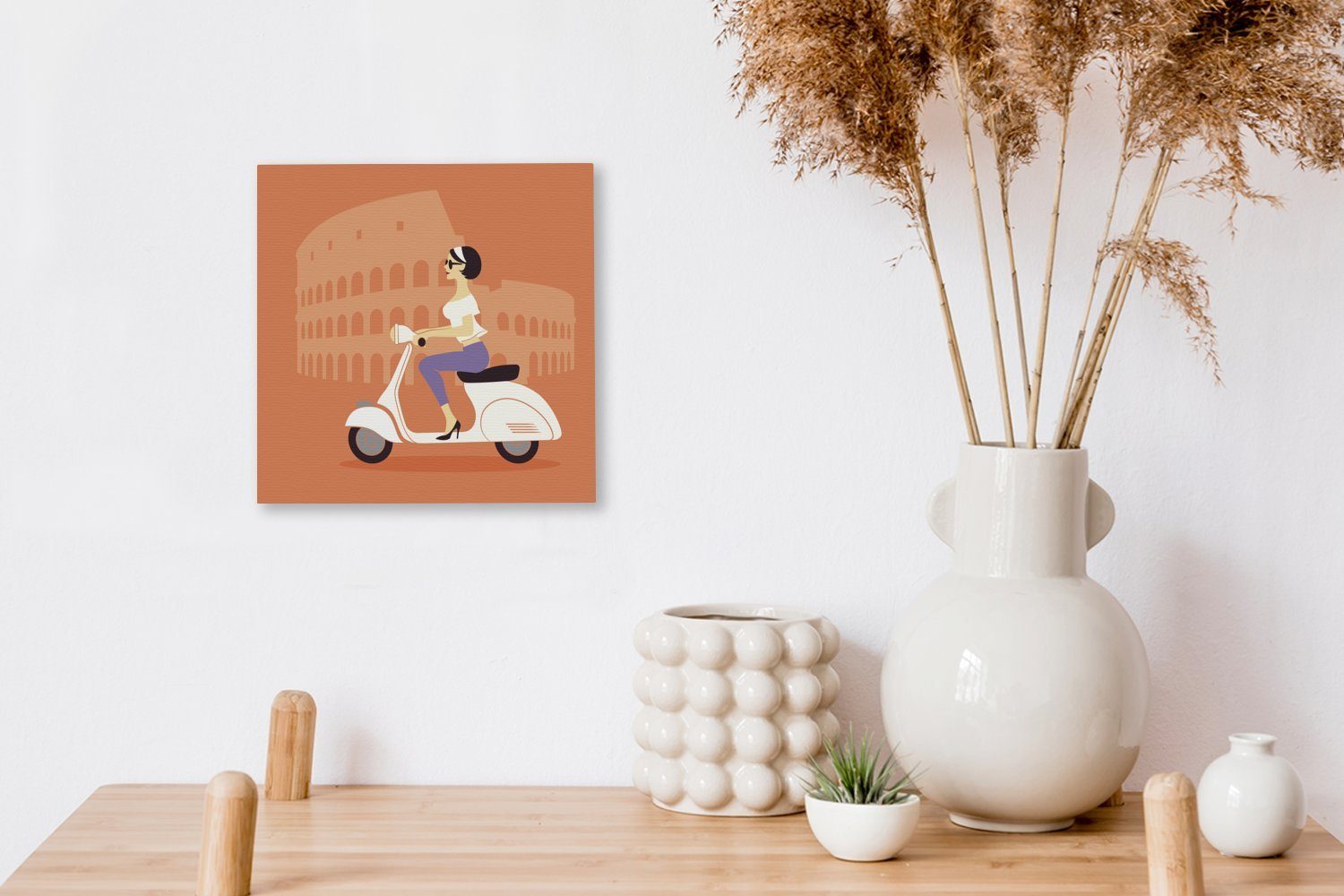 italienischen OneMillionCanvasses® Eine einem St), Illustration für Leinwand eines auf Mädchens Wohnzimmer Leinwandbild Schlafzimmer (1 Motorroller, Bilder