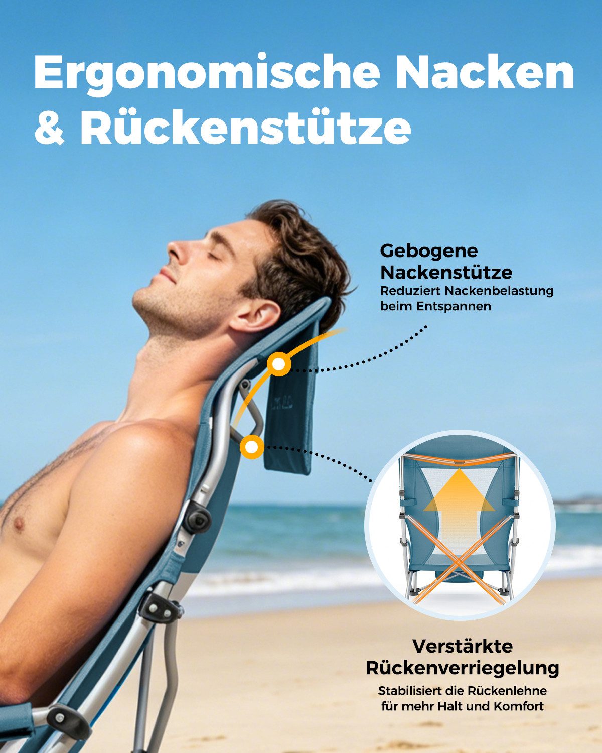 HOMECALL Klappstuhl Strandliegestuhl Klappbar leicht niedriger Strandstuhl Campingstuhl (2 St), Bequeme Rückenlehne, Gepolsterte Armlehnen, bis 180 kg – Bild 4 von 5