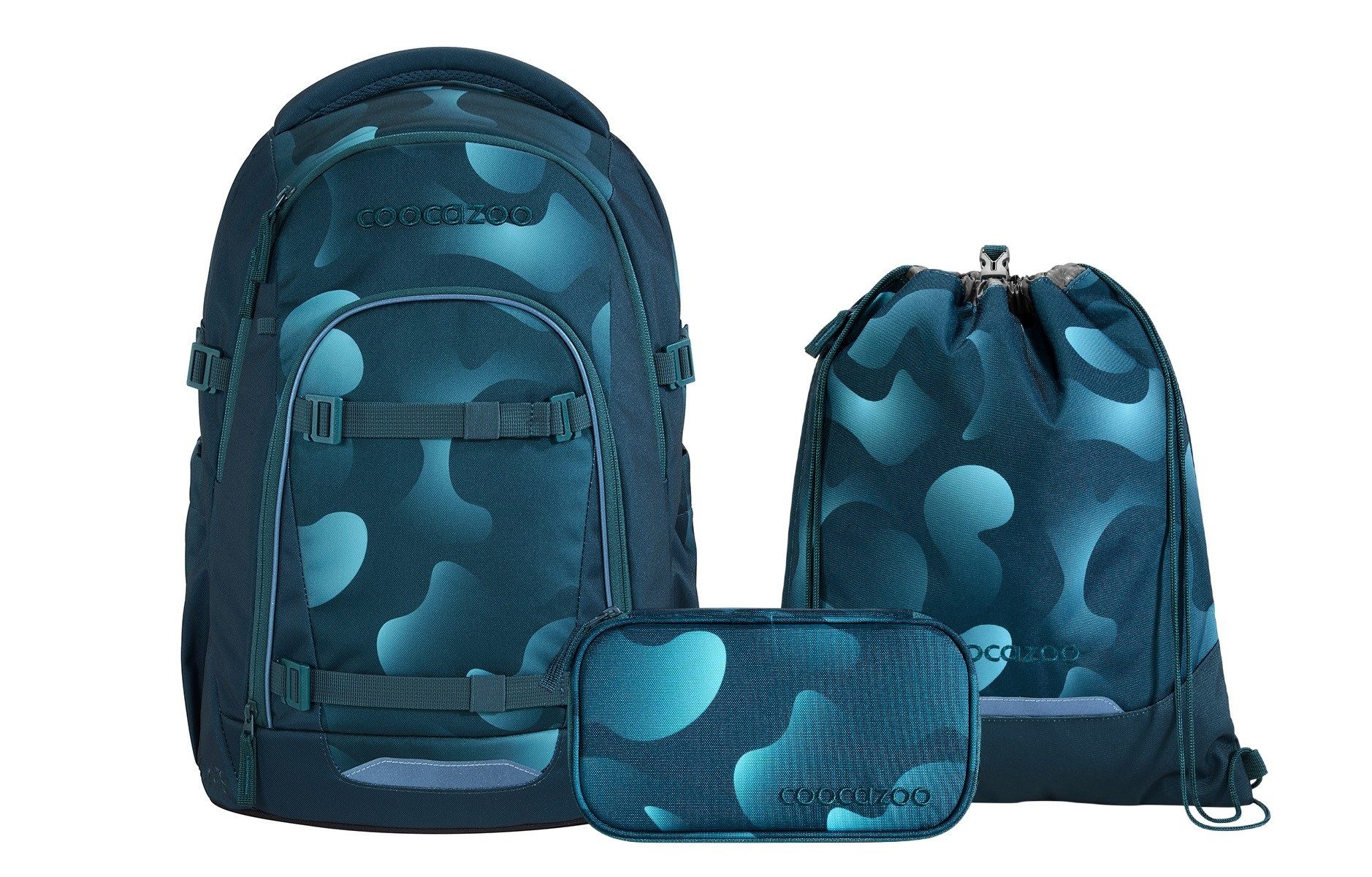 coocazoo Schulranzen Schulrucksack-Set MATE Aqua Flow 3-teilig (3-teilig), ergonomisch, Körpergröße: 135 - 180 cm, Easy-Grow-System