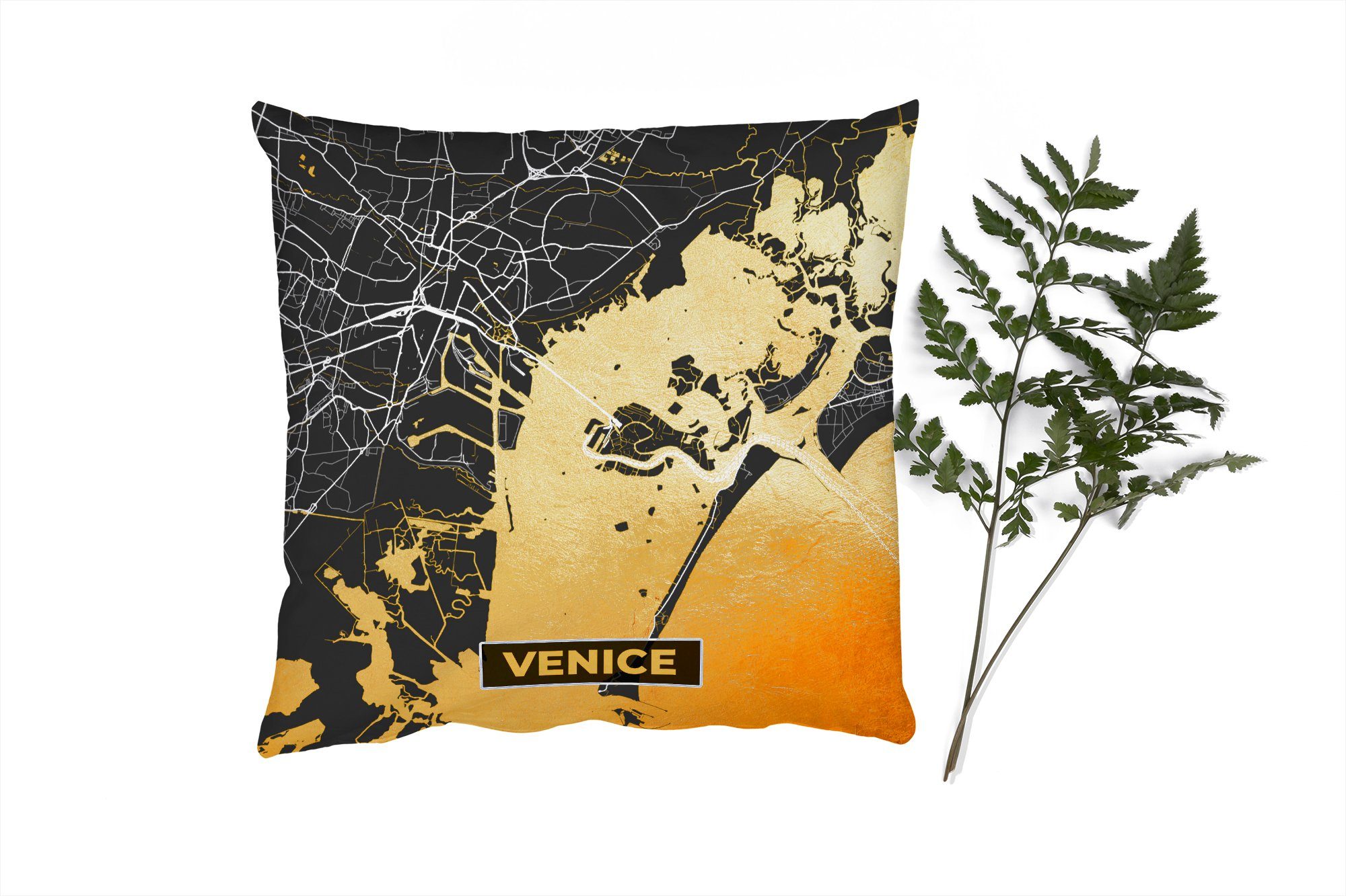 MuchoWow Dekokissen Karte - Venedig - Gold - Karte der Stadt, Zierkissen mit Füllung für Wohzimmer, Schlafzimmer, Deko, Sofakissen