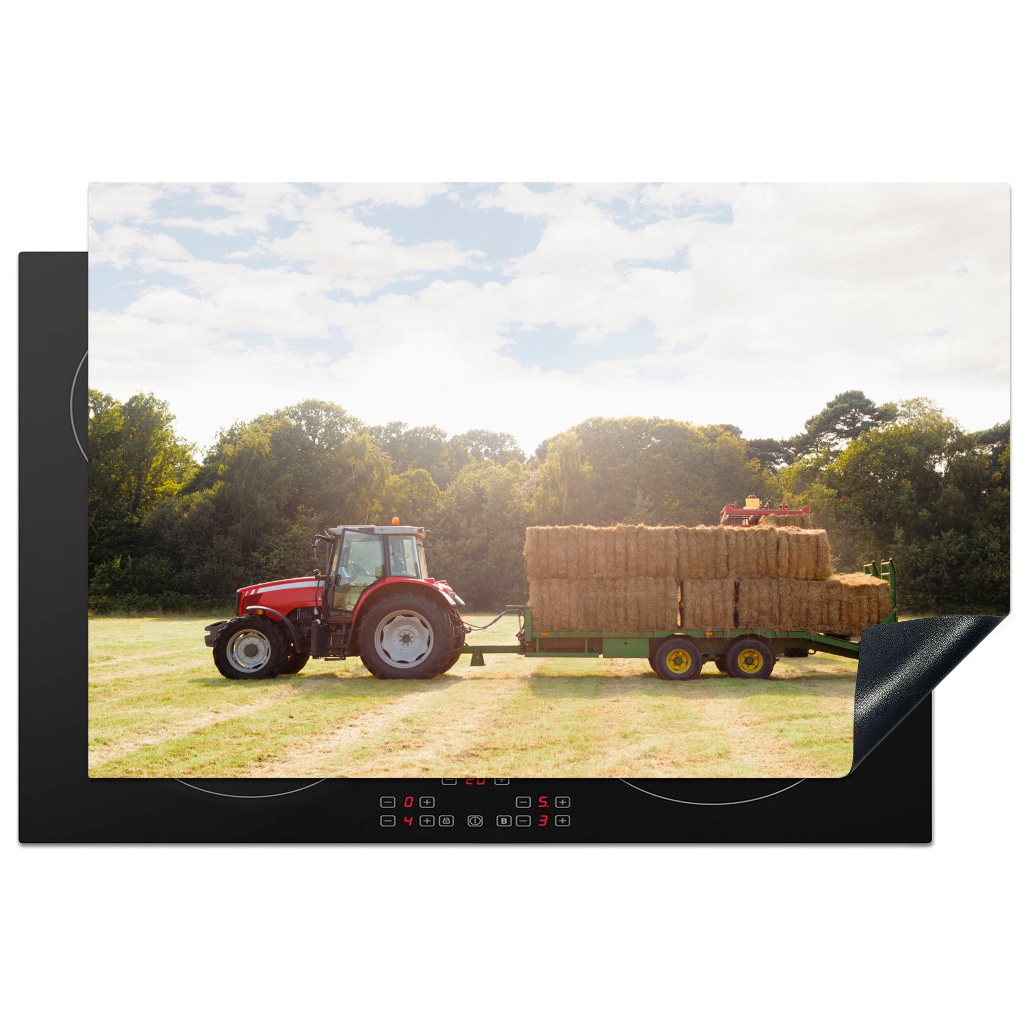 MuchoWow Herdblende-/Abdeckplatte Traktor - Anhänger - Heu, Vinyl, (1 tlg), 81x52 cm, Induktionskochfeld Schutz für die küche, Ceranfeldabdeckung