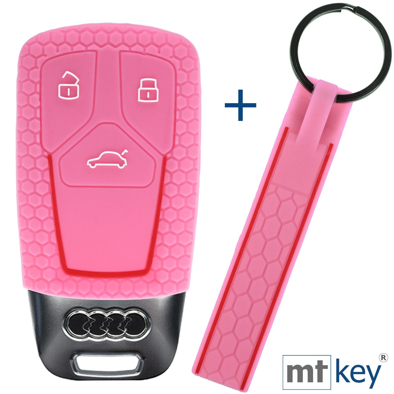 mt-key Schlüsseltasche Autoschlüssel Silikon Schutzhülle im Wabe Design Rosa + Schlüsselband, für Audi A4 A5 A6 A7 TT Q2 Q5 Q7 A8 Q8 3 Tasten KEYLESS SMARTKEY