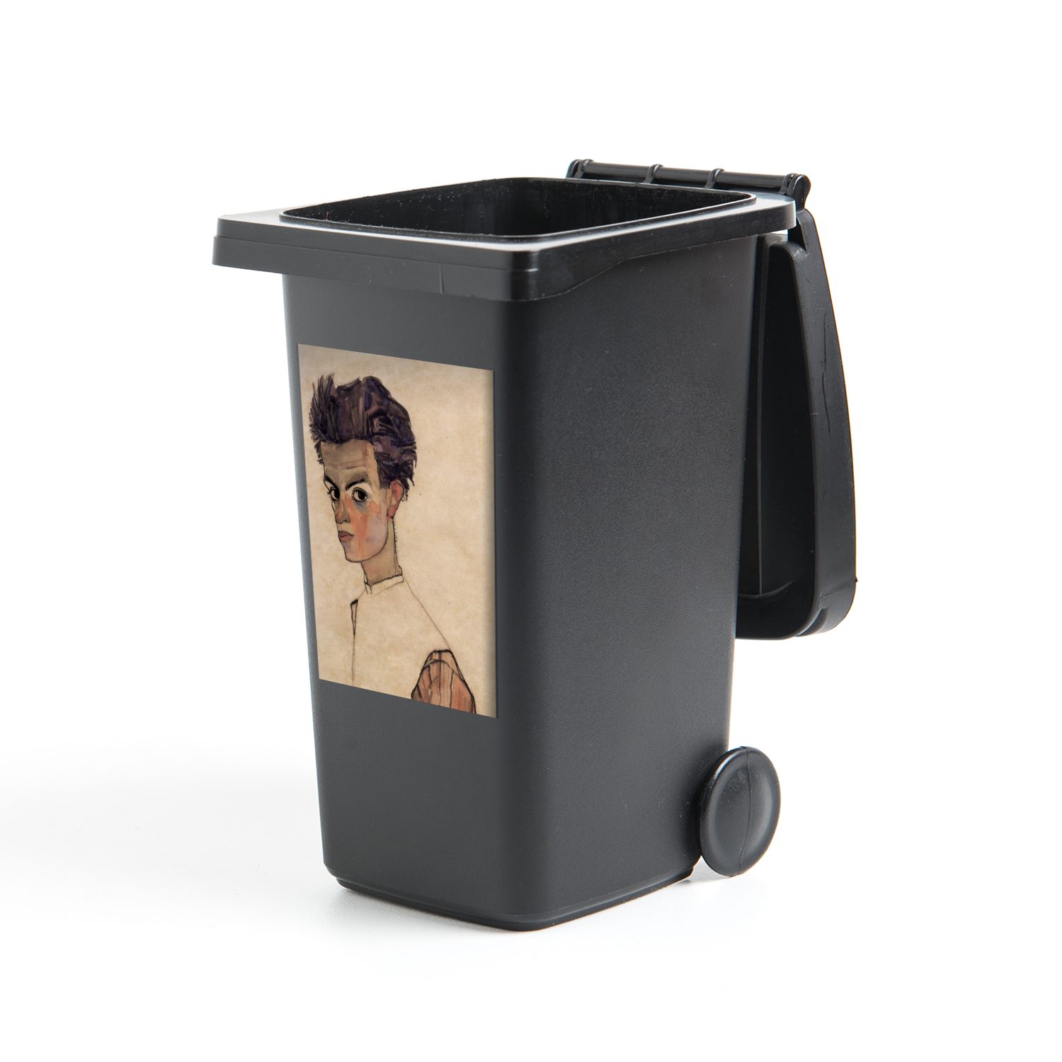 MuchoWow Wandsticker Selbstporträt mit gestreiftem Hemd - Egon Schiele (1 St), Mülleimer-aufkleber, Mülltonne, Sticker, Container, Abfalbehälter