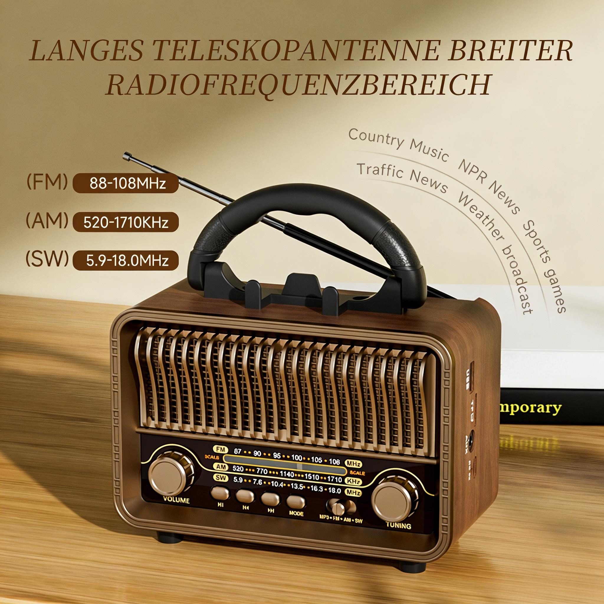 Toomoke Radio, Vintage AM/FM-Super-Weitband-Radio mit Bluetooth 5.4 Radio (Tragbares 5-in-1 Bluetooth-Lautsprecher-Radio)