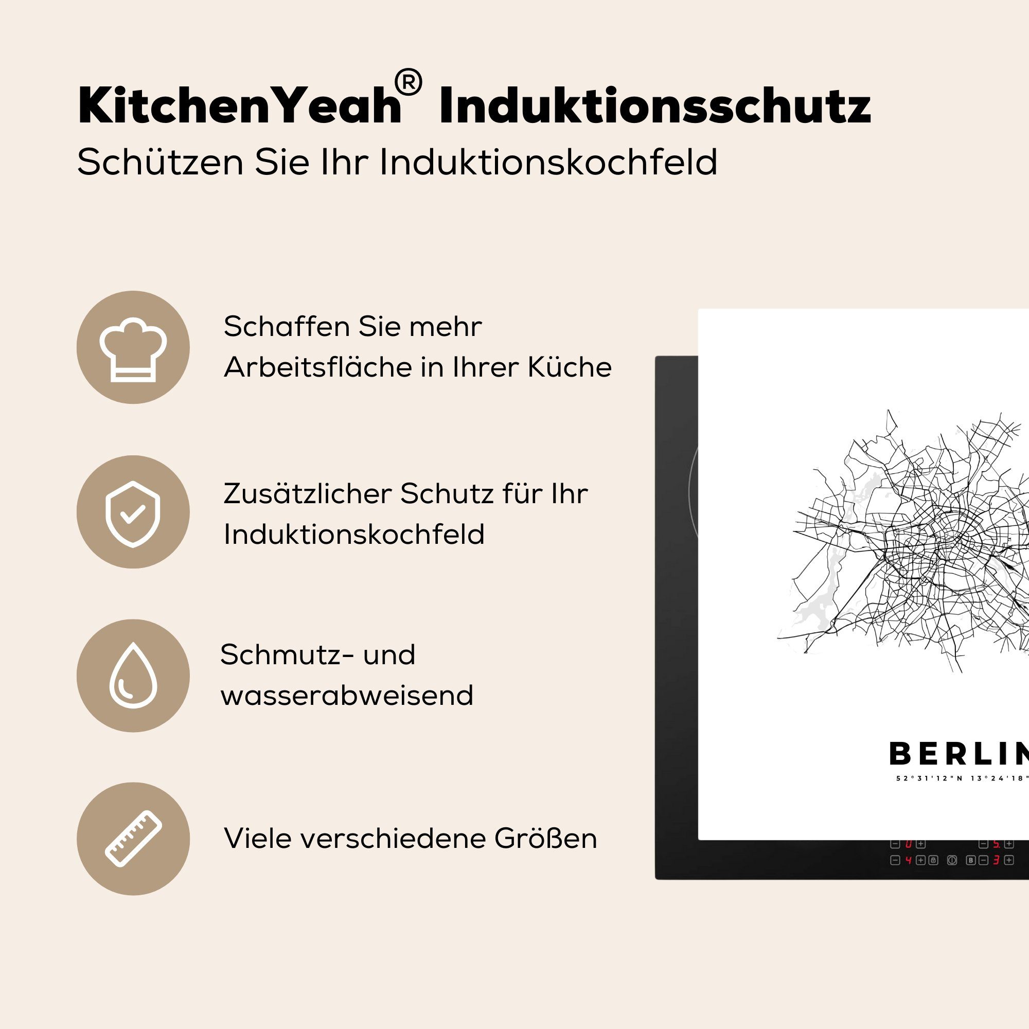 - (1 - für Karte Stadtplan Karte, Arbeitsplatte - tlg), 78x78 MuchoWow Berlin - küche Vinyl, cm, Herdblende-/Abdeckplatte Schwarz-Weiß Ceranfeldabdeckung, - Deutschland