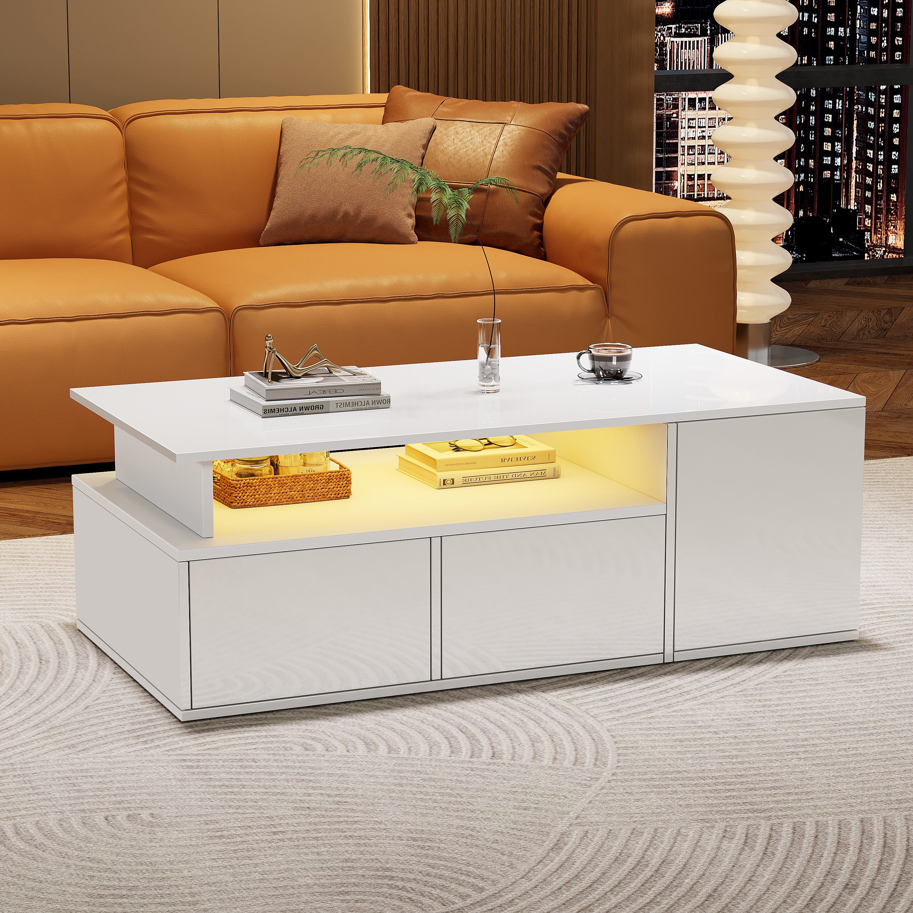Merax Couchtisch hochglanz Sofatisch Beistelltisch mit LED-Beleuchtung (App-gesteuerter Beleuchtung, 1-St., 100x50x35cm), Beistelltisch Wohnzimmertisch mit 2 Sc – Bild 3 von 5
