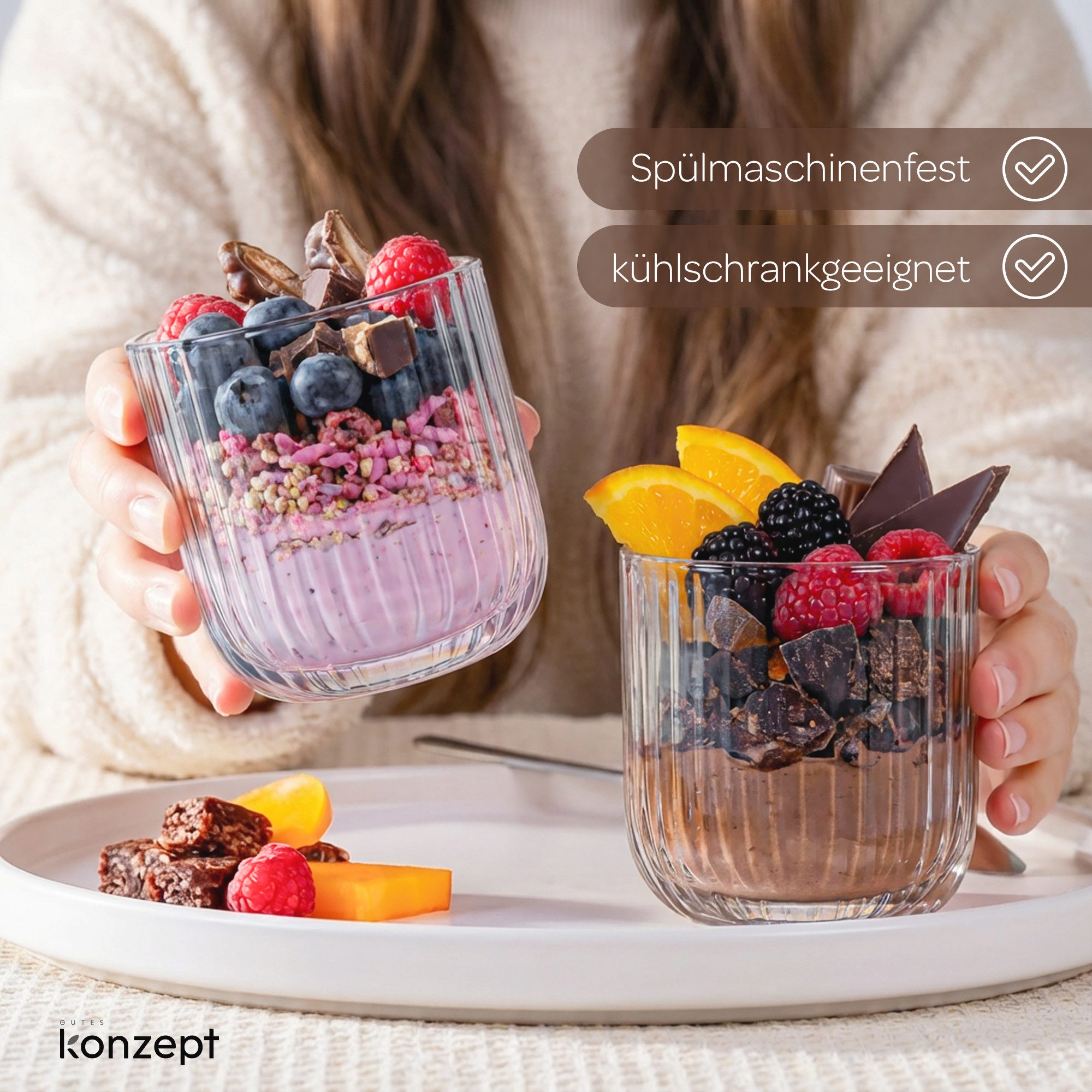 KONZEPT Dessertschale Set 300 ml aus geripptem Glas – elegant, liegen perfekt in der Hand, (6-tlg), perfekt für Tiramisu, Panna Cotta, Joghurt-Müsli und Schicht – Bild 4 von 5