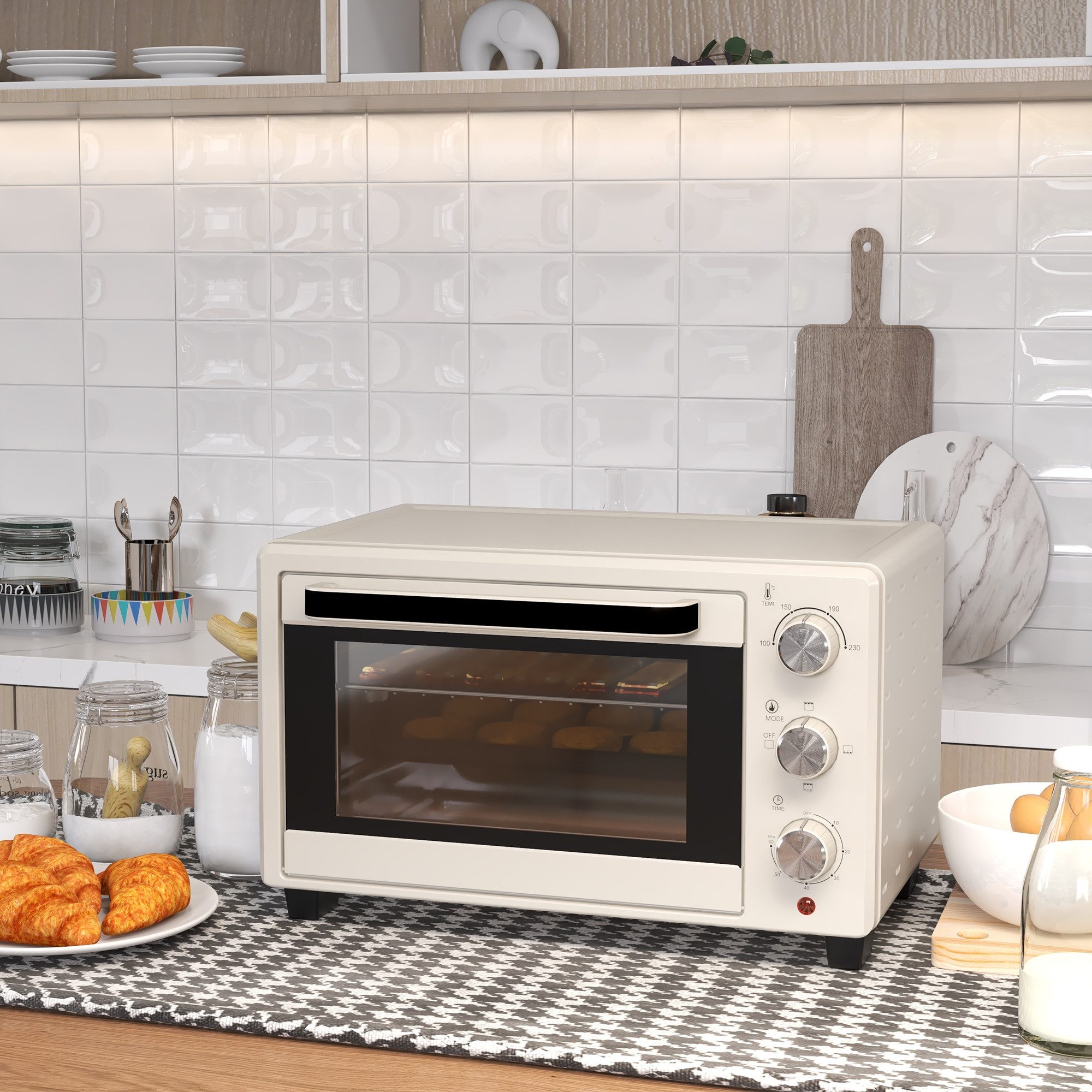 HOMCOM Minibackofen Backofen 10 L 750W 100-230℃ mit Backblech Pizza-Ofen, zum Grillen, Backen, Toasten, Cremeweiß