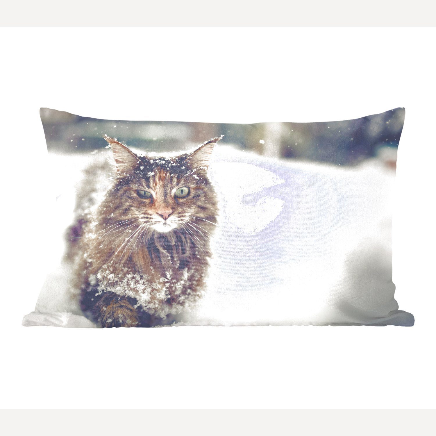 MuchoWow Dekokissen Katze - Schnee Zierkissen, Dekokissen - Schlafzimmer Dekoration, mit Tiere, Wohzimmer Füllung