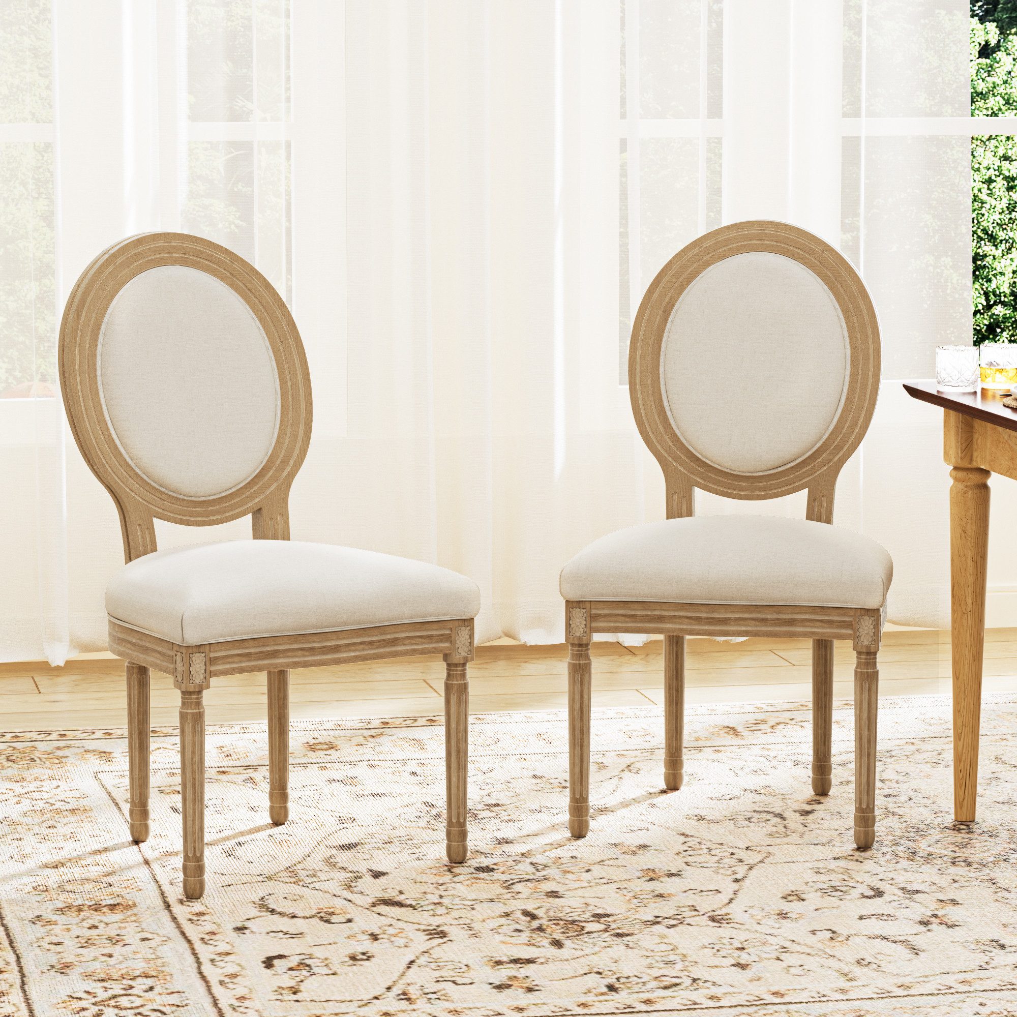 FiveWillowise Esszimmerstuhl Retro-Polsterstühle 2er-Set, Küchenstühle mit ovaler Rückenlehne (2 St), Leinenoptik und Massivholz, für Esszimmer, Wohnzimmer