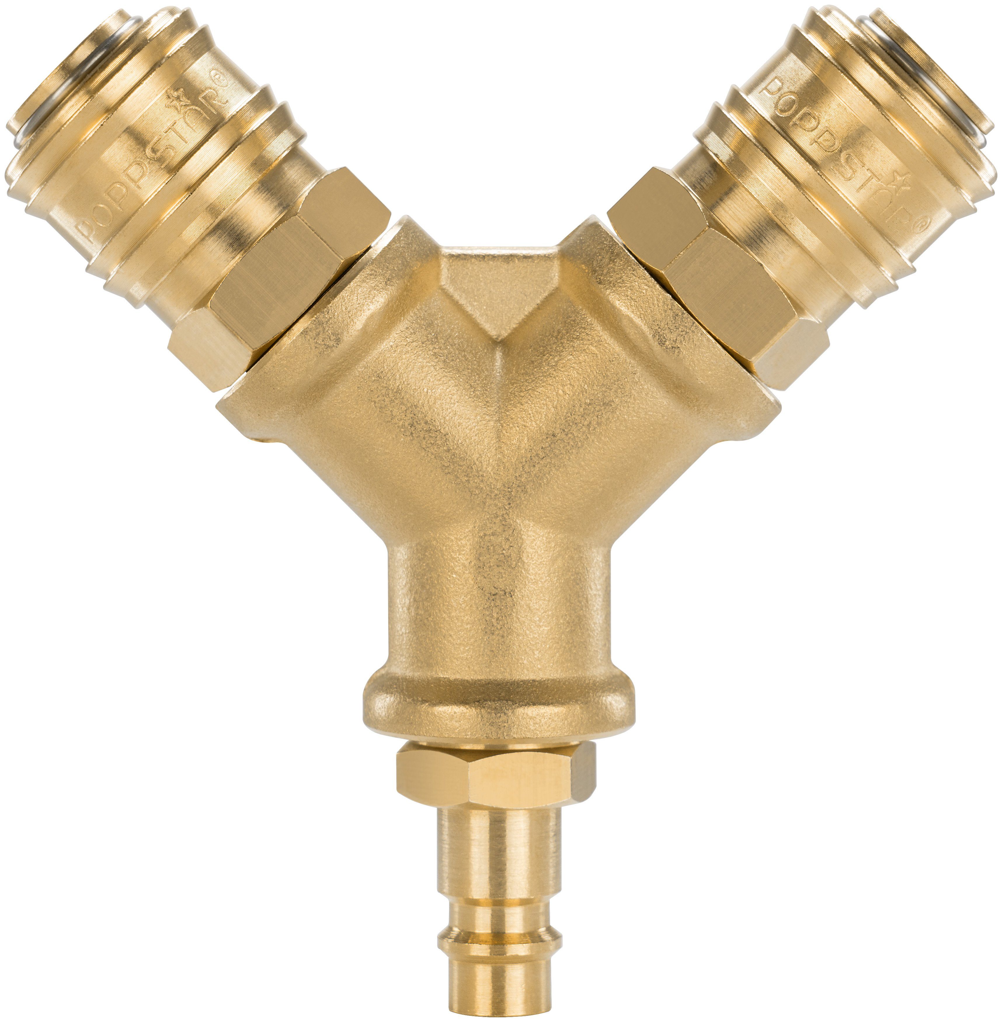 Poppstar Druckluftgeräte-Set Adapter Y-Verteiler-Anschluss 2-fach, 1-tlg., 1x Kupplungsstecker / 2x Kupplungsdose, Gewinde G 3/8”, Dichtung NBR, mit Schnellkupplungen (Standard Druckluftanschluss NW 7,2)