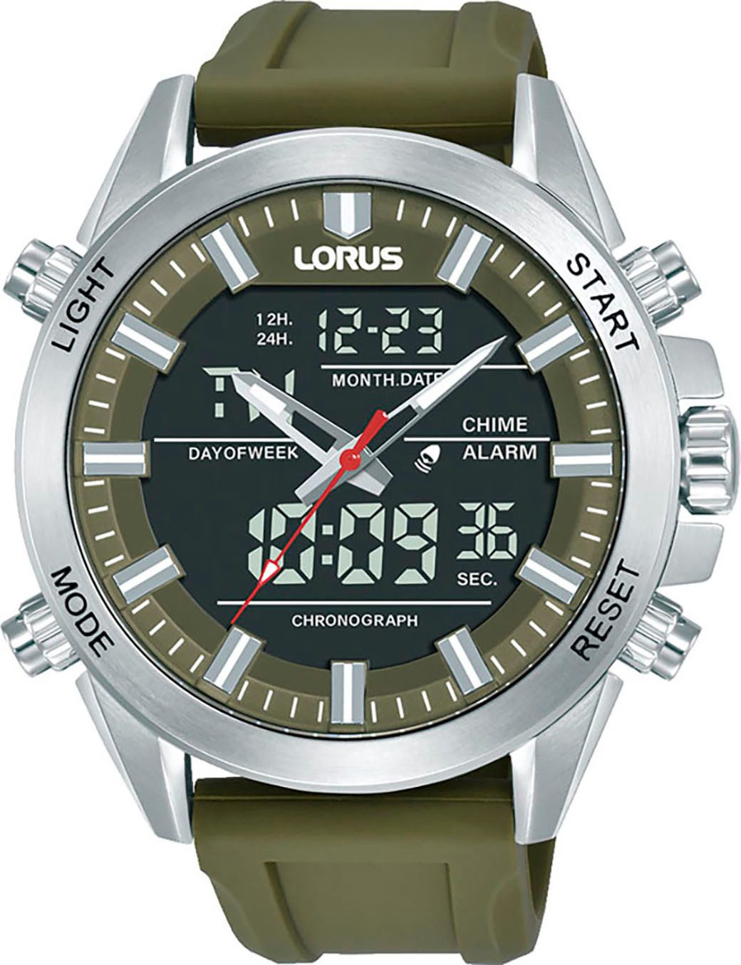 LORUS Digitaluhr RW669AX9, Quarzuhr, Armbanduhr, Herrenuhr, Silikonarmband, digital, analog, Tag