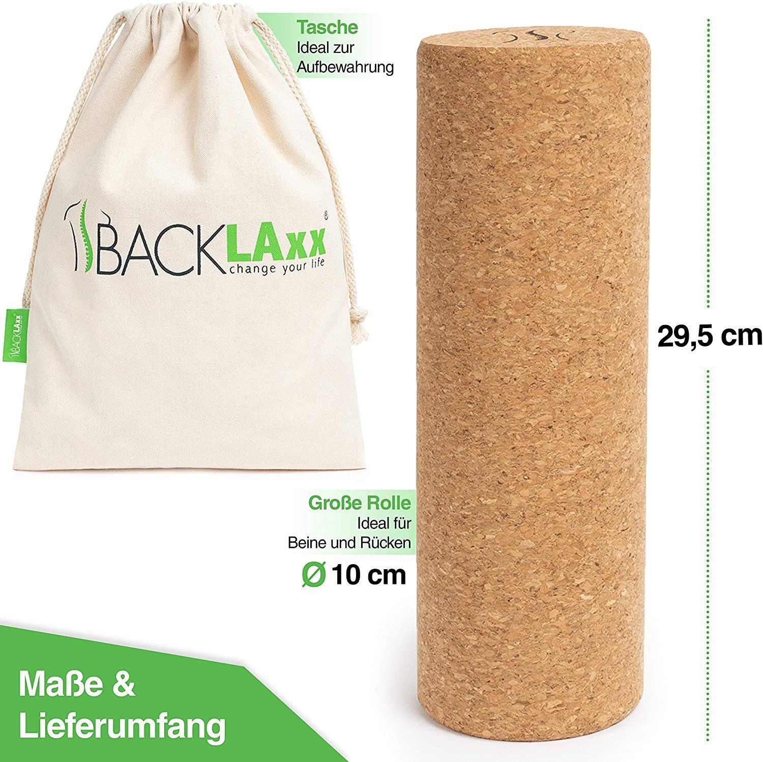 BACKLAxx® Pilatesrolle Set (1-tlg., Rolle groß, Beutel), Korkrolle zur Selbstmassage, zur myofaszialen Selbstmassage