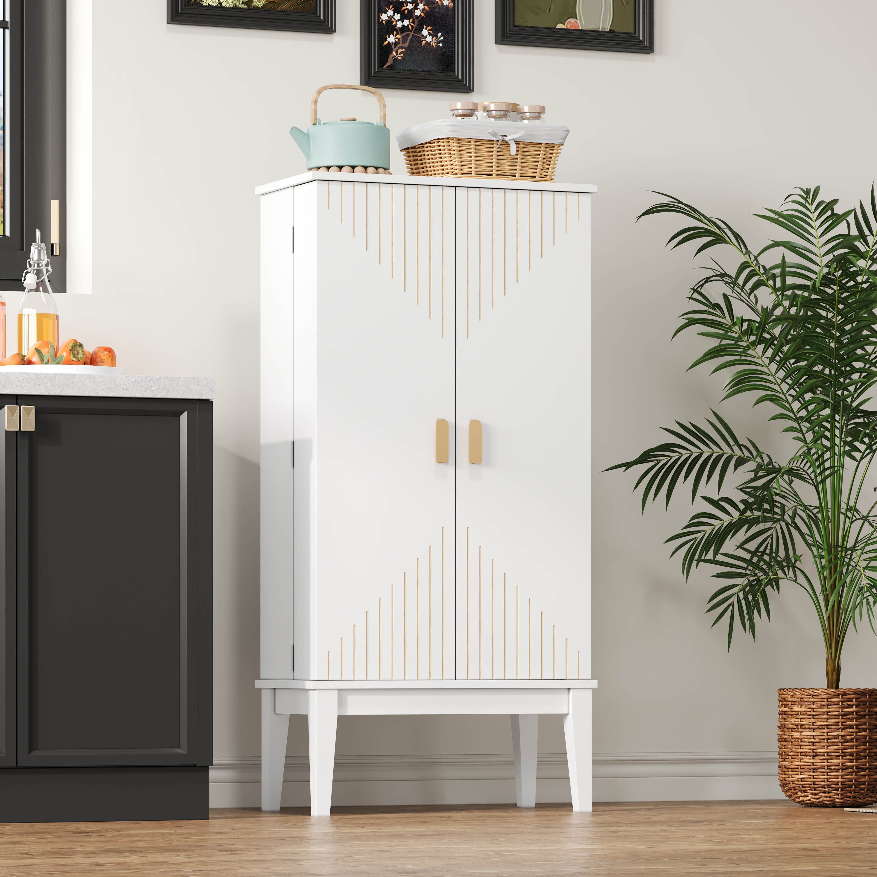 Flieks Mehrzweckschrank Hochschrank mit 2 Türablagen, Beine aus Massivholz (1-St., H120xB59xT30 cm) Küchenschrank Sideboard Aufbewahrungsschrank Weiß