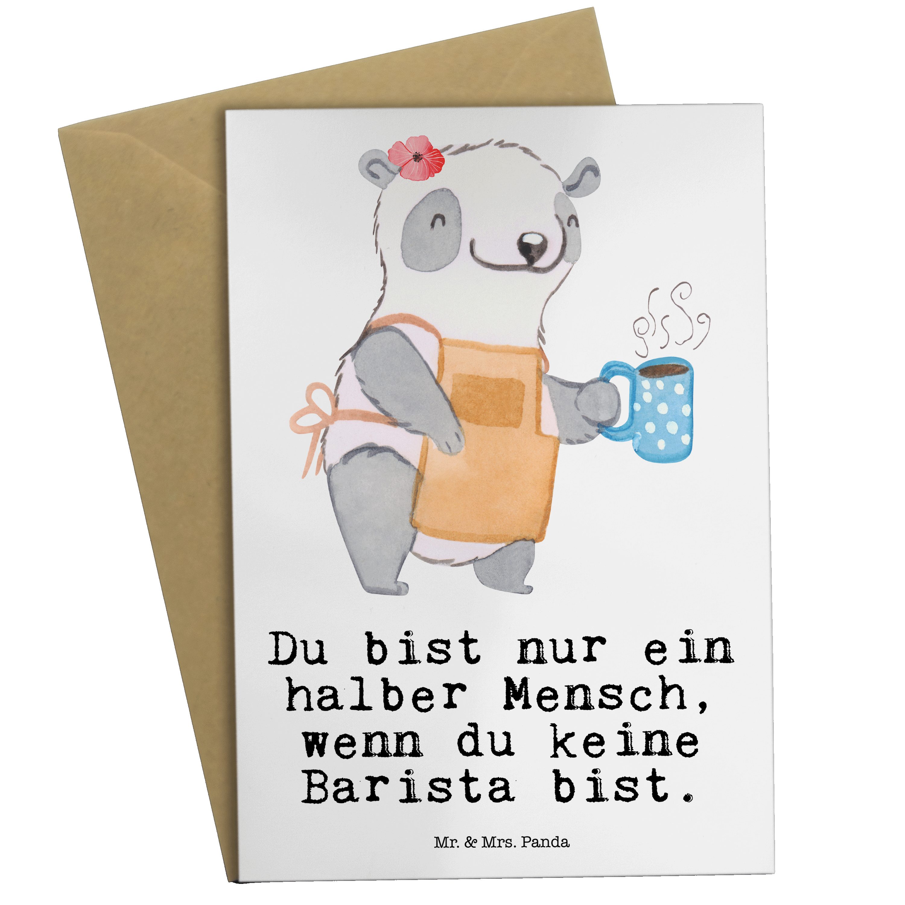 Mr. & Mrs. Panda Grußkarte Barista mit Herz - Weiß - Geschenk, Firma, Klappkarte, Glückwunschkar