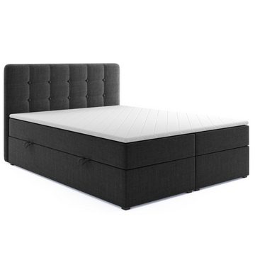 Möbel Punkt Boxspringbett Prag Grau Schwarz mit VISCO TOPPER (180 x 200 cm), mit Bettkasten, Chesterfield - Optik, inkl. Topper