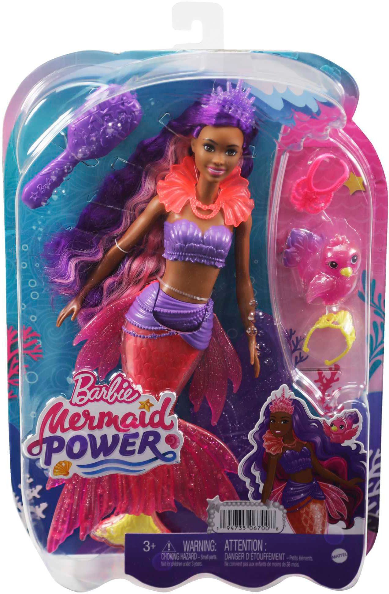 Barbie mit und Power, Zubehör lila Haaren Meerjungfrauen Brooklyn, Meerjungfrauenpuppe