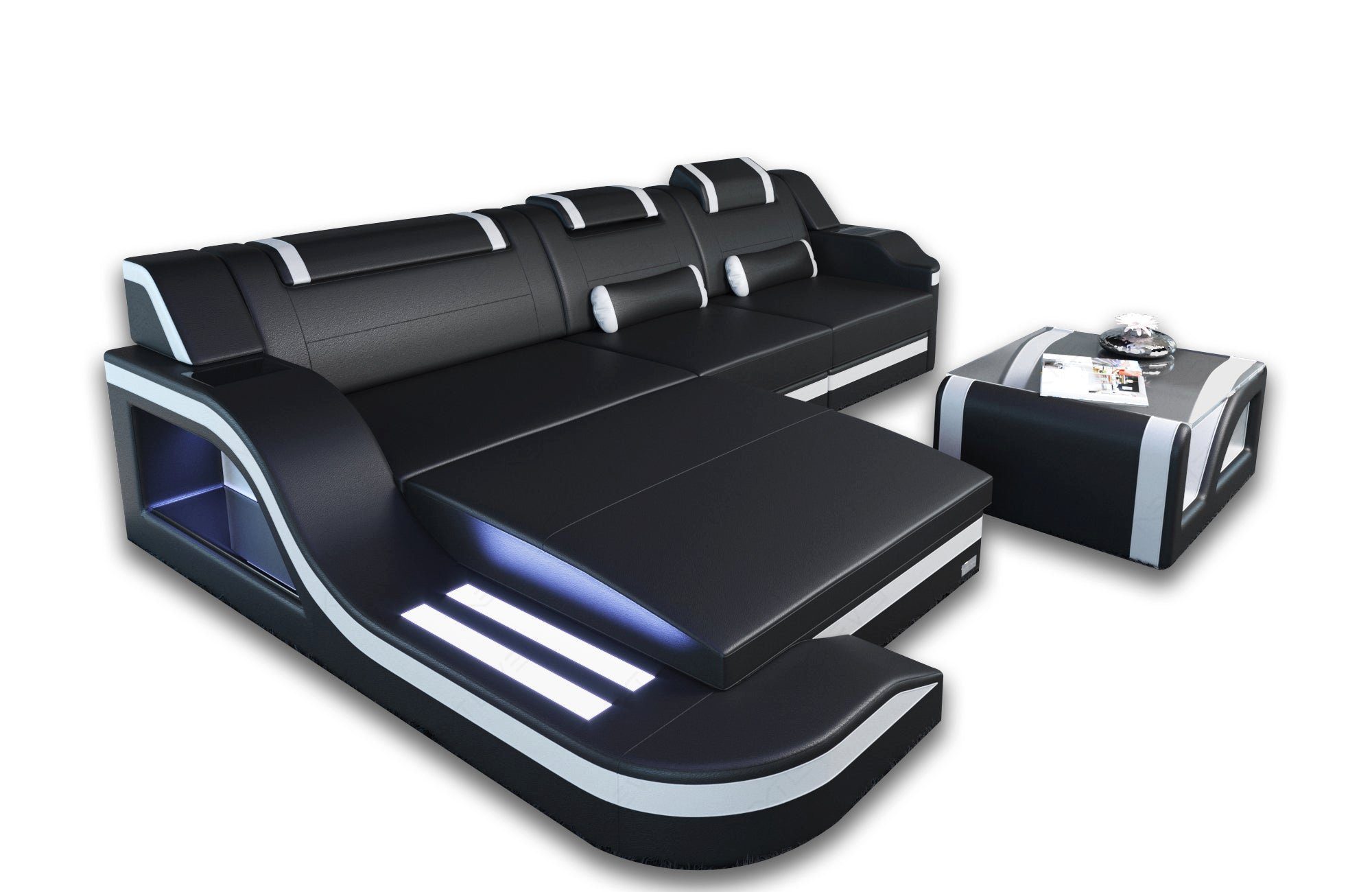 mit Designersofa Couch LED, Dreams L Form, Sofa Bettfunktion, Polstersofa ausziehbare Stoffsofa H2 Macchiato-Weiss Stoff Ecksofa Palermo
