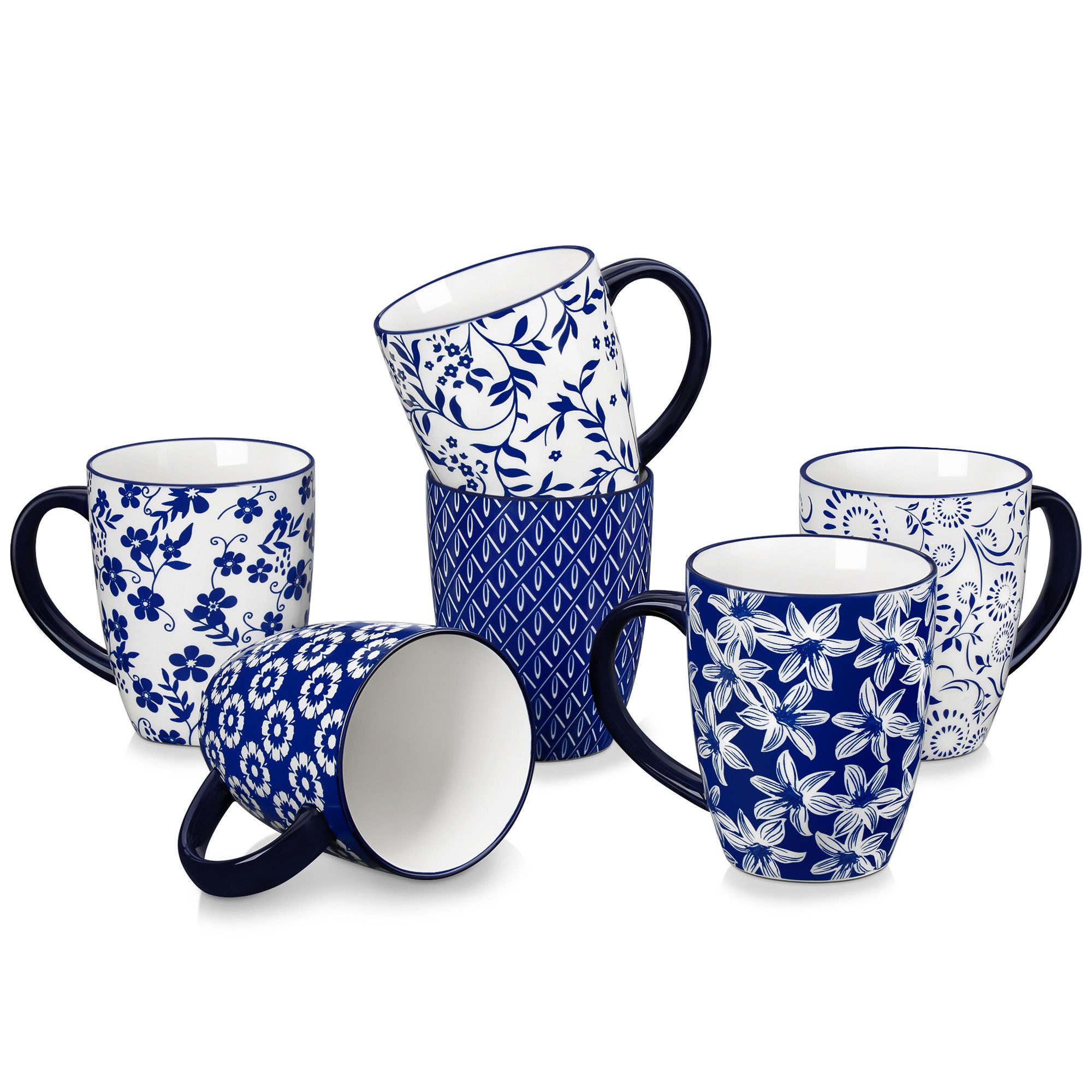 vancasso Tasse Tassen Set, Becher für 4/6, Porzellan, 420ml, Blau und Weiß, 6-tlg., Porzellan