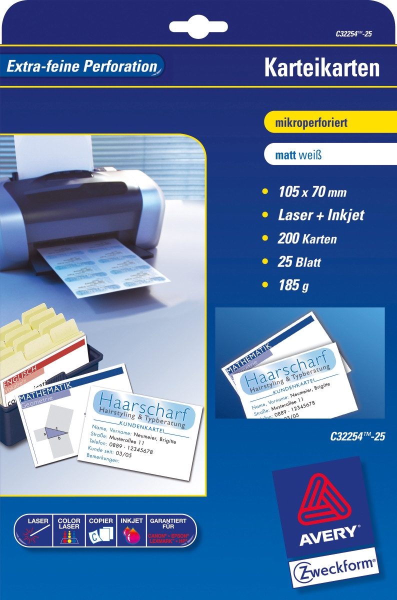 Avery Zweckform Designpapier Karteikarten 105x70 mm 185 g/qm beidseitig beschichtet matt 200 Stück