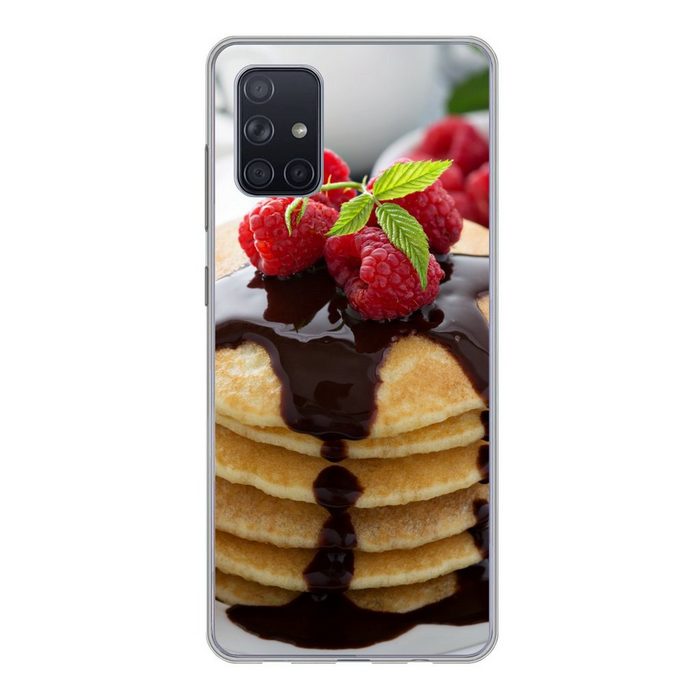 MuchoWow Handyhülle Die Schokoladensauce fließt von den Pfannkuchen Handyhülle Samsung Galaxy A51 Smartphone-Bumper Print Handy