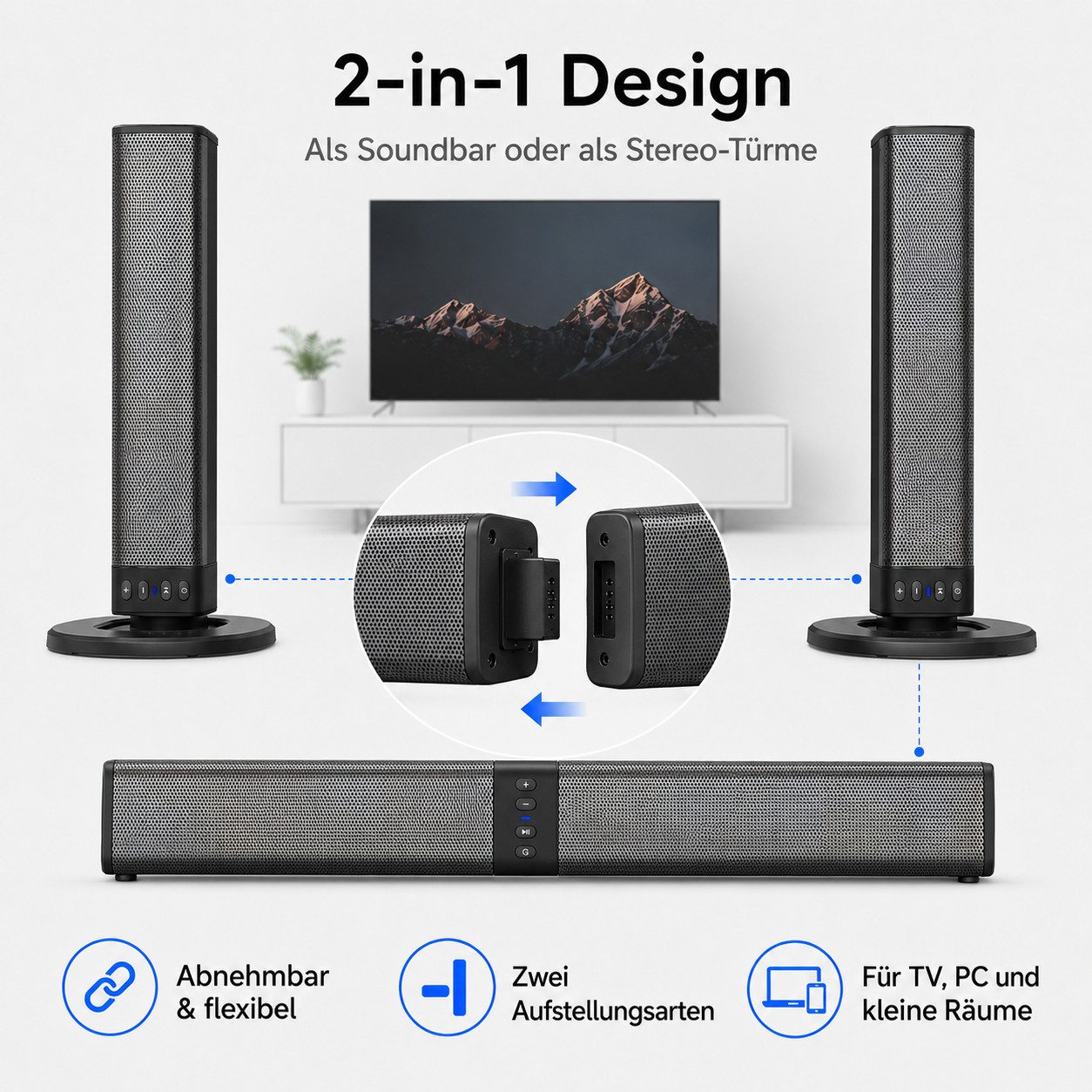 Tekoo Kabellose 2-in-1 Soundbar & PC-Lautsprecher, Bluetooth 5.0, 20W Soundbar 2.0 (Bluetooth, 20 W, 2-in-1 Teilbares Design, Bluetooth 5.0, 2000mAh Akku)