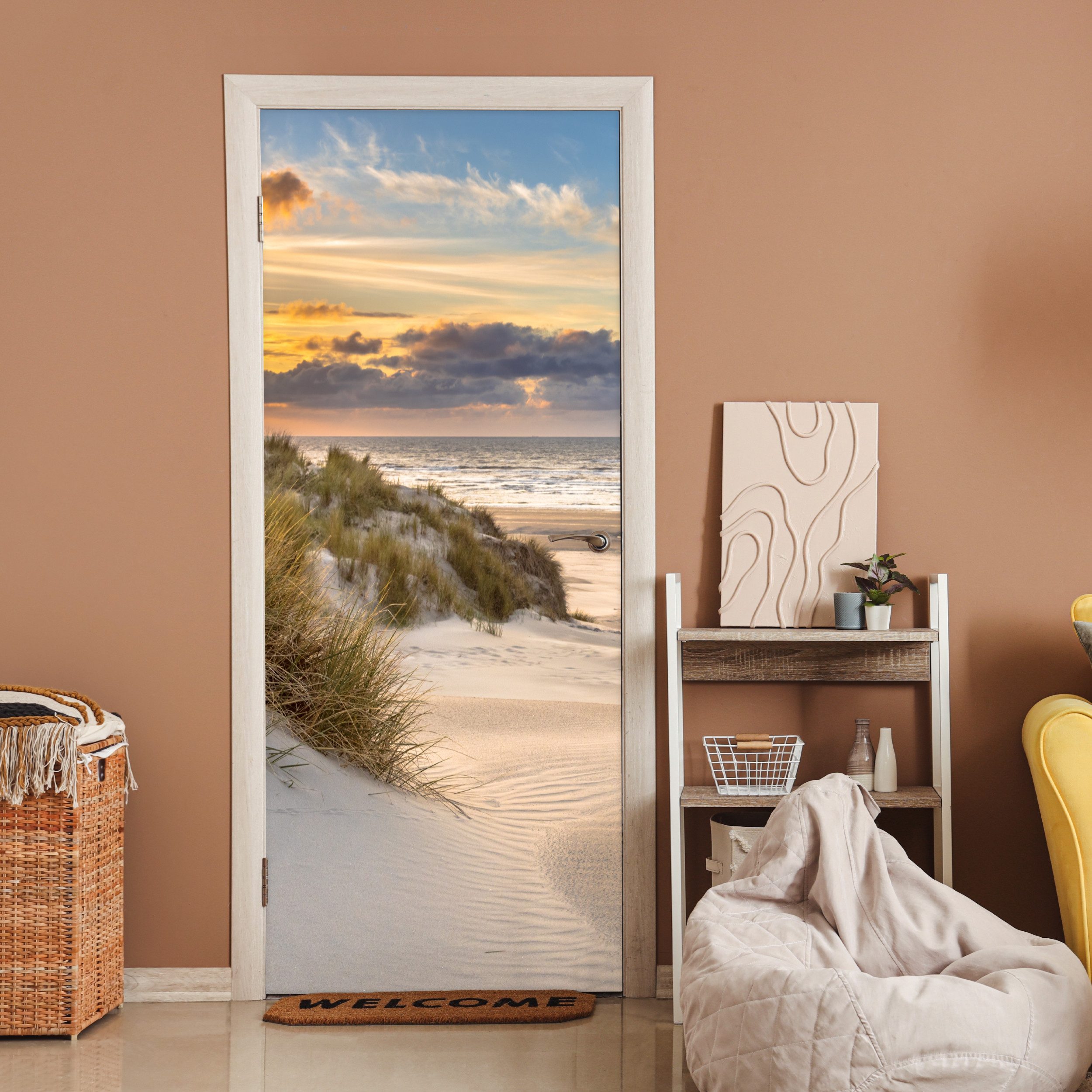 MuchoWow Türtapete Strand - Düne - Gras - Sonnenuntergang - Meer, Matt, bedruckt, (1 St), Selbstklebende Tapete, Folie für Möbel, 75x205 cm
