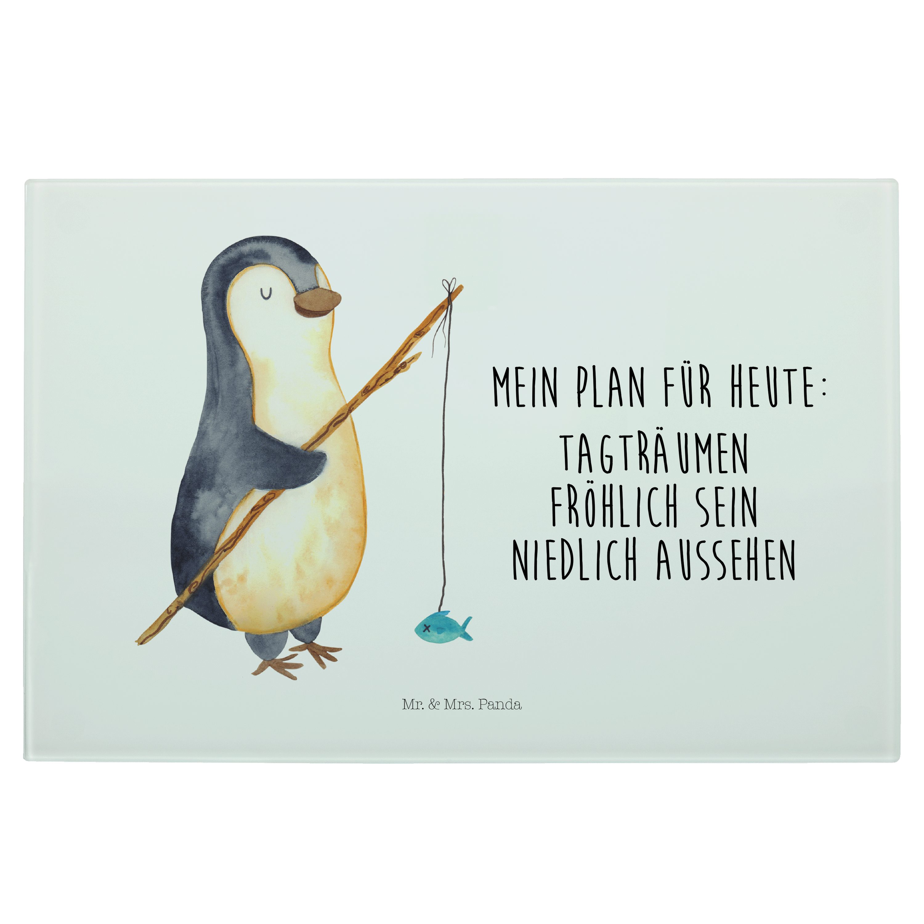 Mr. & Mrs. Panda Servierbrett Pinguin Angler - Weiß - Geschenk, Glasschneidebrett, Frühstücksbrett, Premium Glas, (1-St)