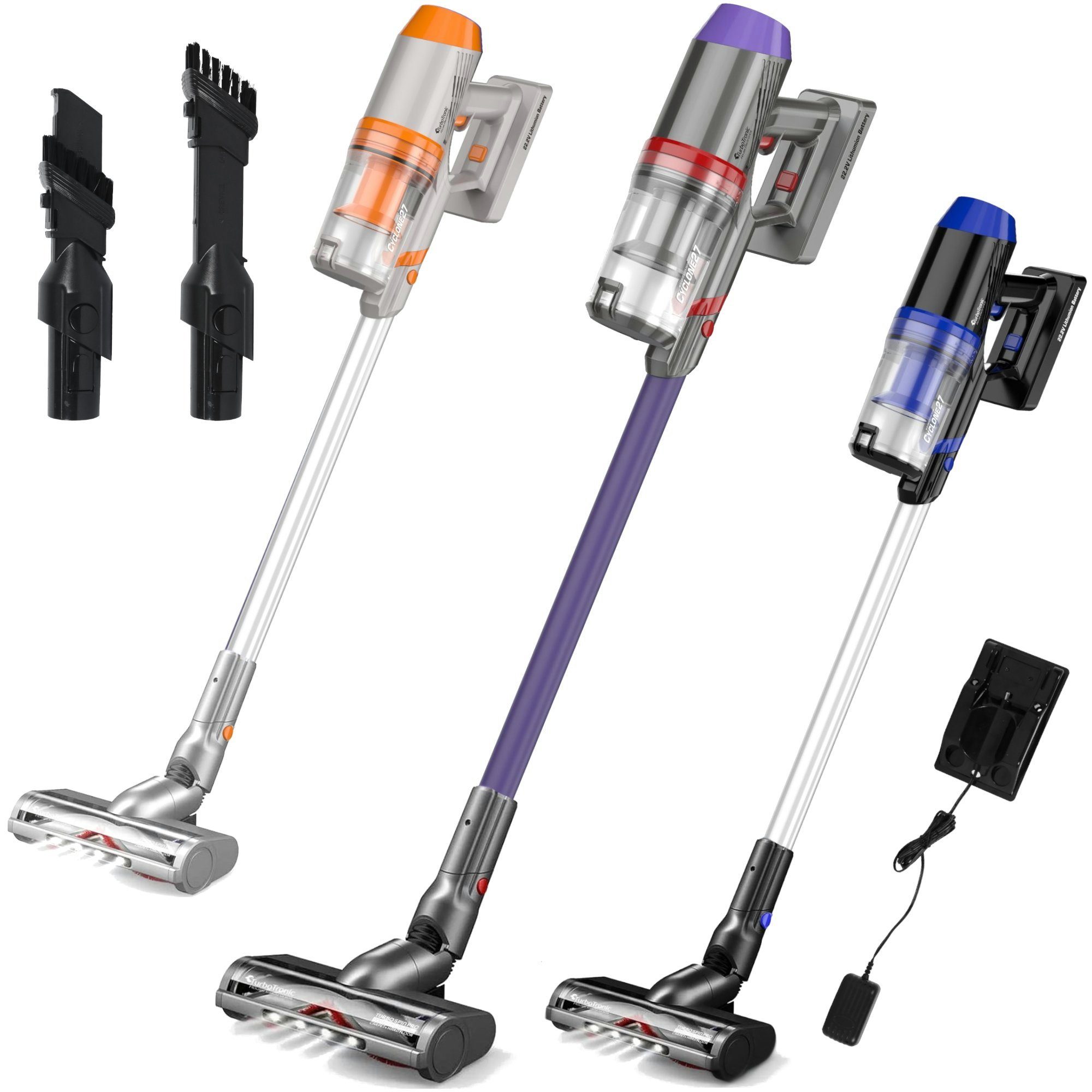 TurboTronic by Z-Line Akku-Hand-und Stielstaubsauger Handstaubsauger kabellos, 120 W, Beutellos, Akkustaubsauger mit 2 Saugstufen, 11kPa, 120W, 0,9l Fassungsvermögen, beutellos mit HEPA-Filter, Überhitzungsschutz, 32 Minuten Laufzeit im Betrieb, kabellos mit 2200mAh Li-thumion Battery, Akkustandsanzeige LED, Cyclone-Technologie, Wandhalterung, zusätzlichem Aufsatz mit Pinsel, Bodendüse mit rotierender Walze, 180° Winkel und LED-Licht