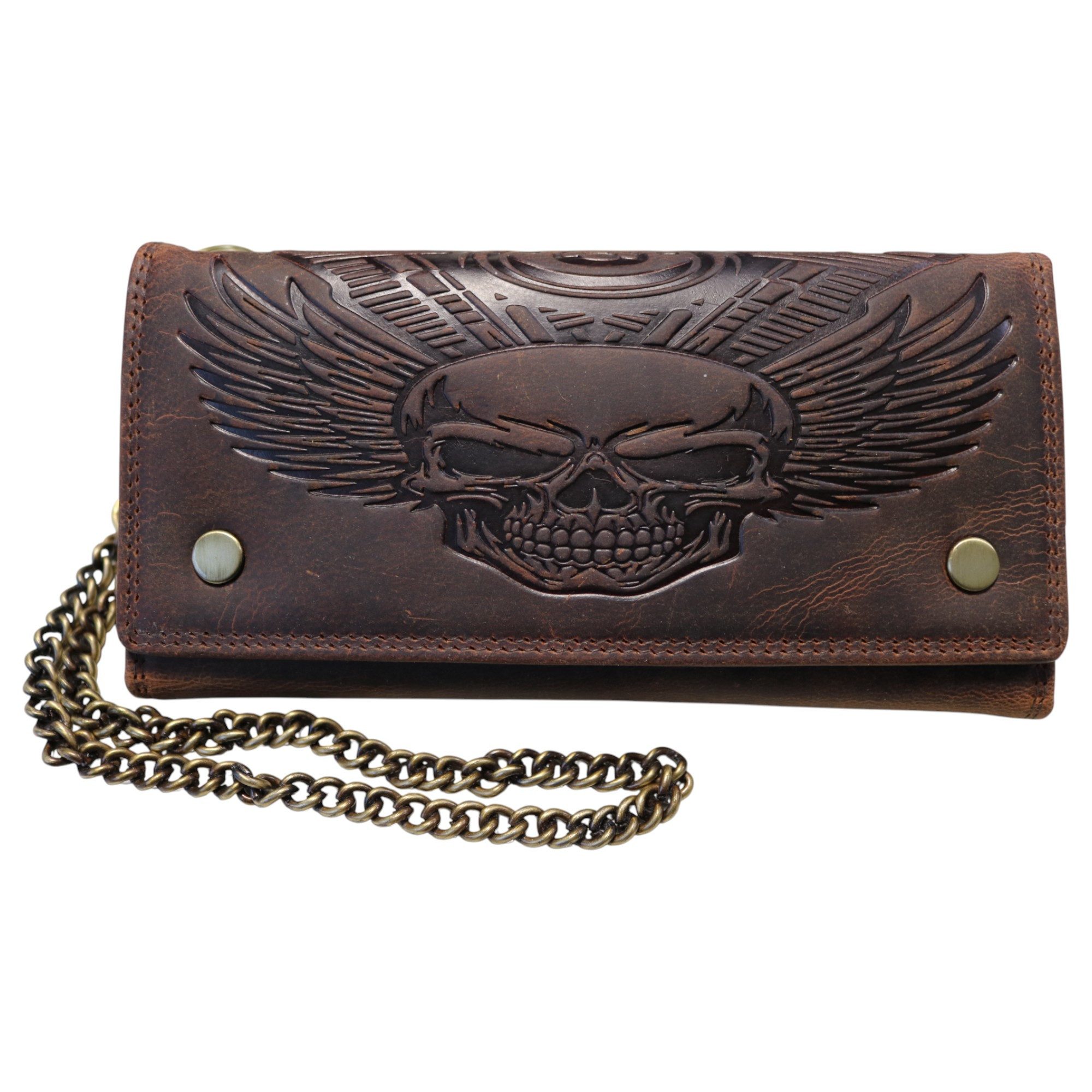 MDM Brieftasche Vintage Biker Kartenportemonnaie aus Leder mit Kette RFID, Echtleder, Totenkopf-Prägung