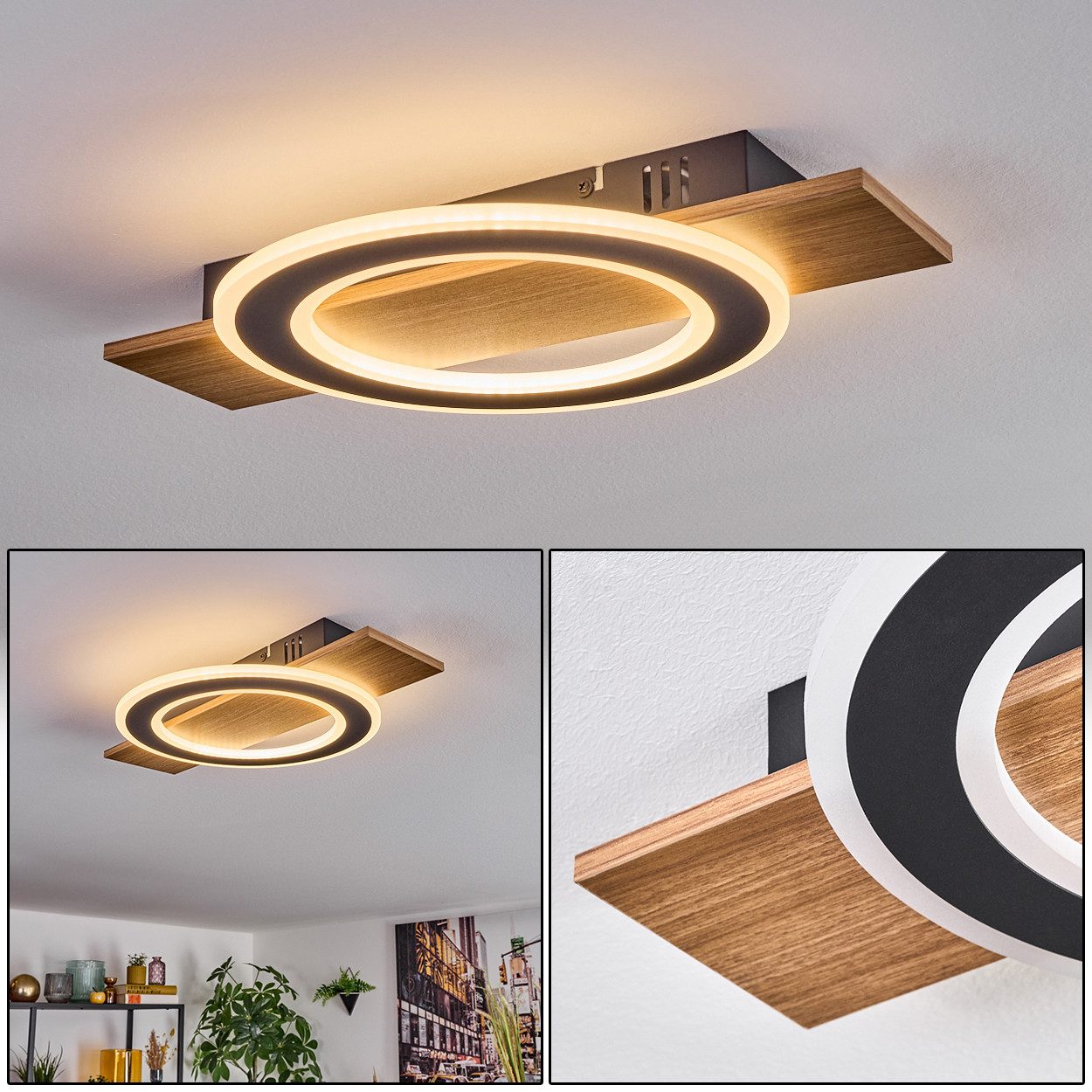 hofstein Deckenleuchte Deckenlampe aus Metall/Kunststoff in Schwarz/Holzoptik/Weiß, ohne Leuchtmittel, im modernen Design, 18 Watt, 1740 Lumen