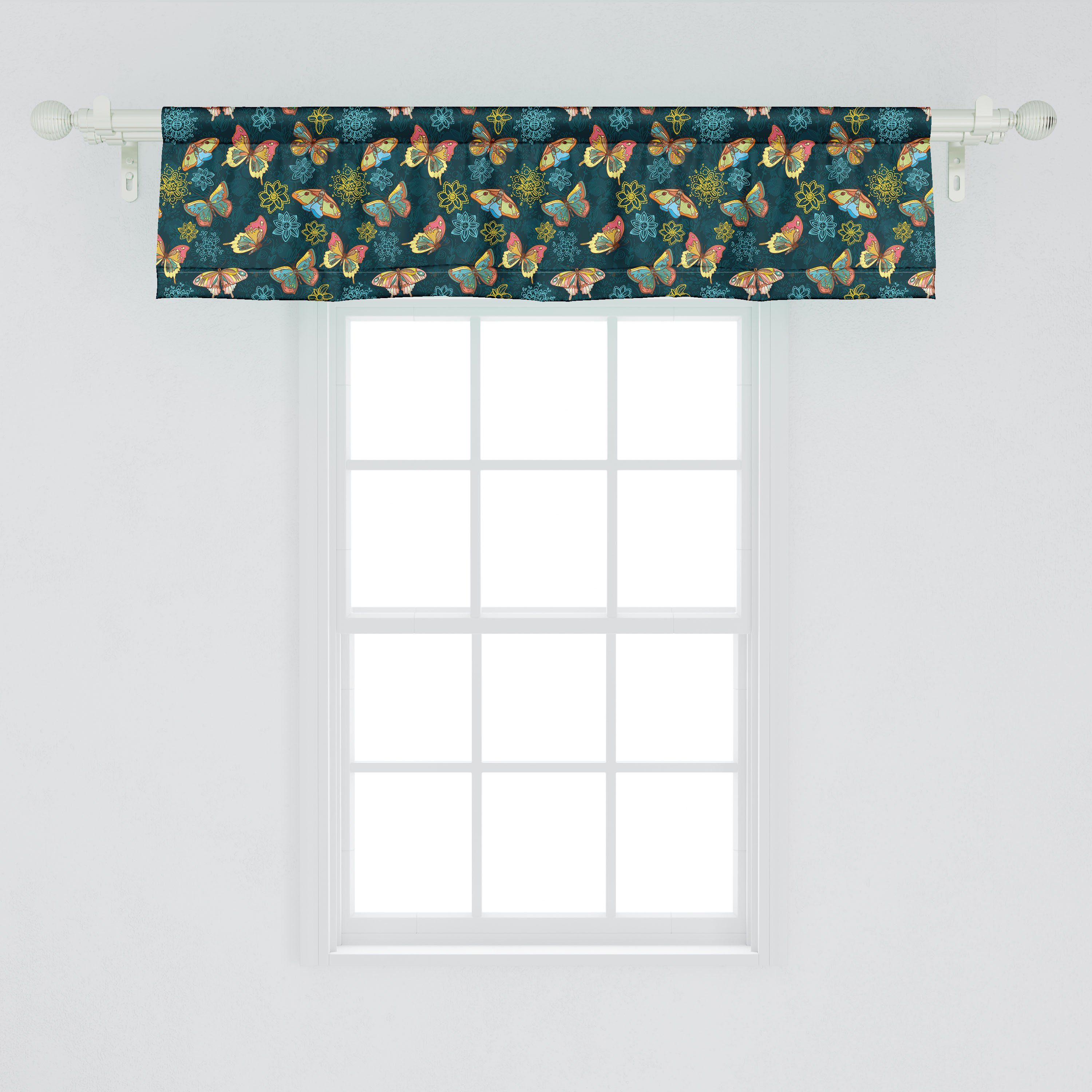 Schlafzimmer Dekor Küche Schmetterlinge Vorhang mit und Stangentasche, Blumen Volant Abakuhaus, Microfaser, für Blumen Scheibengardine