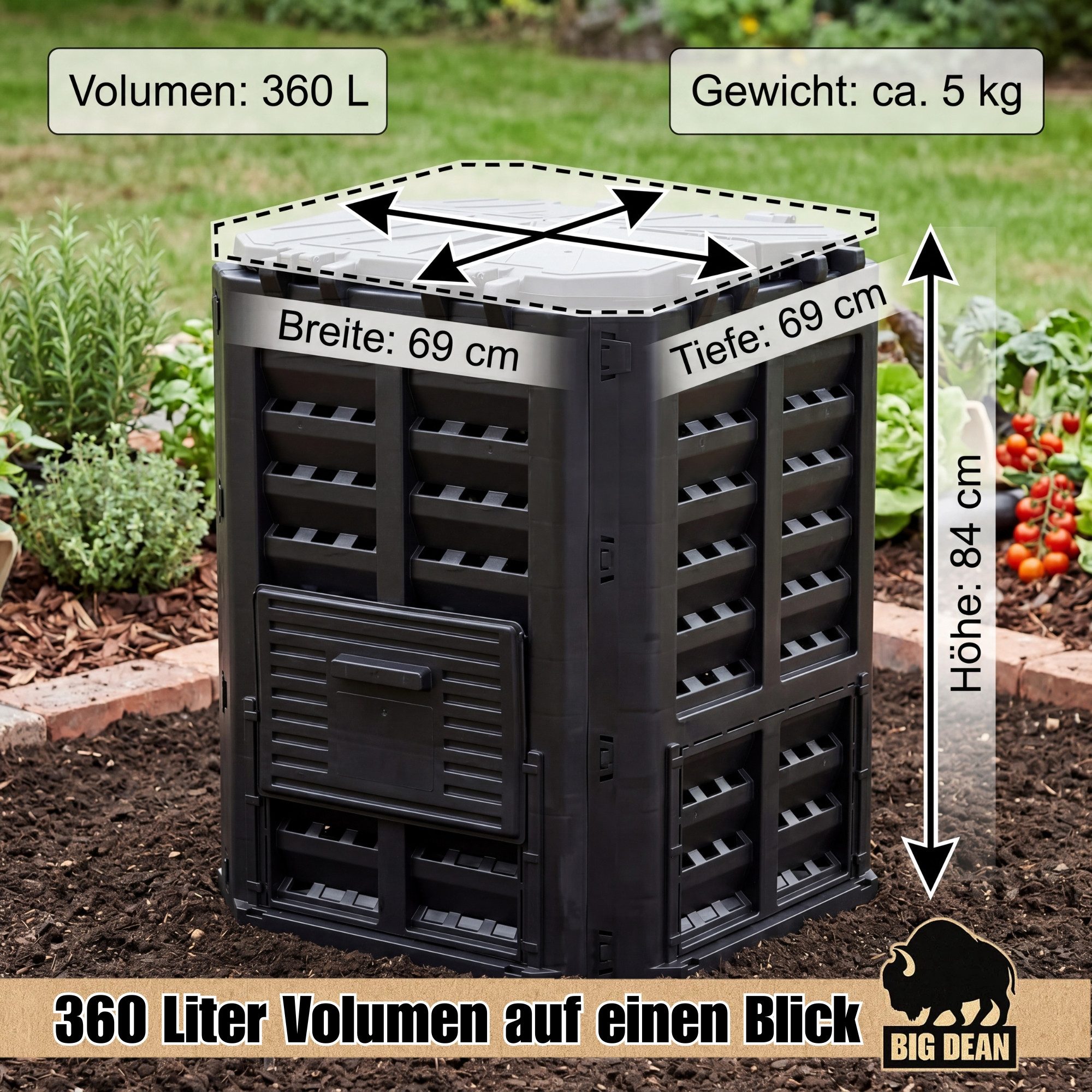 BigDean Schnellkomposter 360L Garten UV-beständig Wetterfest Frostsicher Schwarz, BxTxH: 69x69x84 cm, 360 l, (7 St), Intelligentes Belüftungssystem, Praktische  – Bild 2 von 5