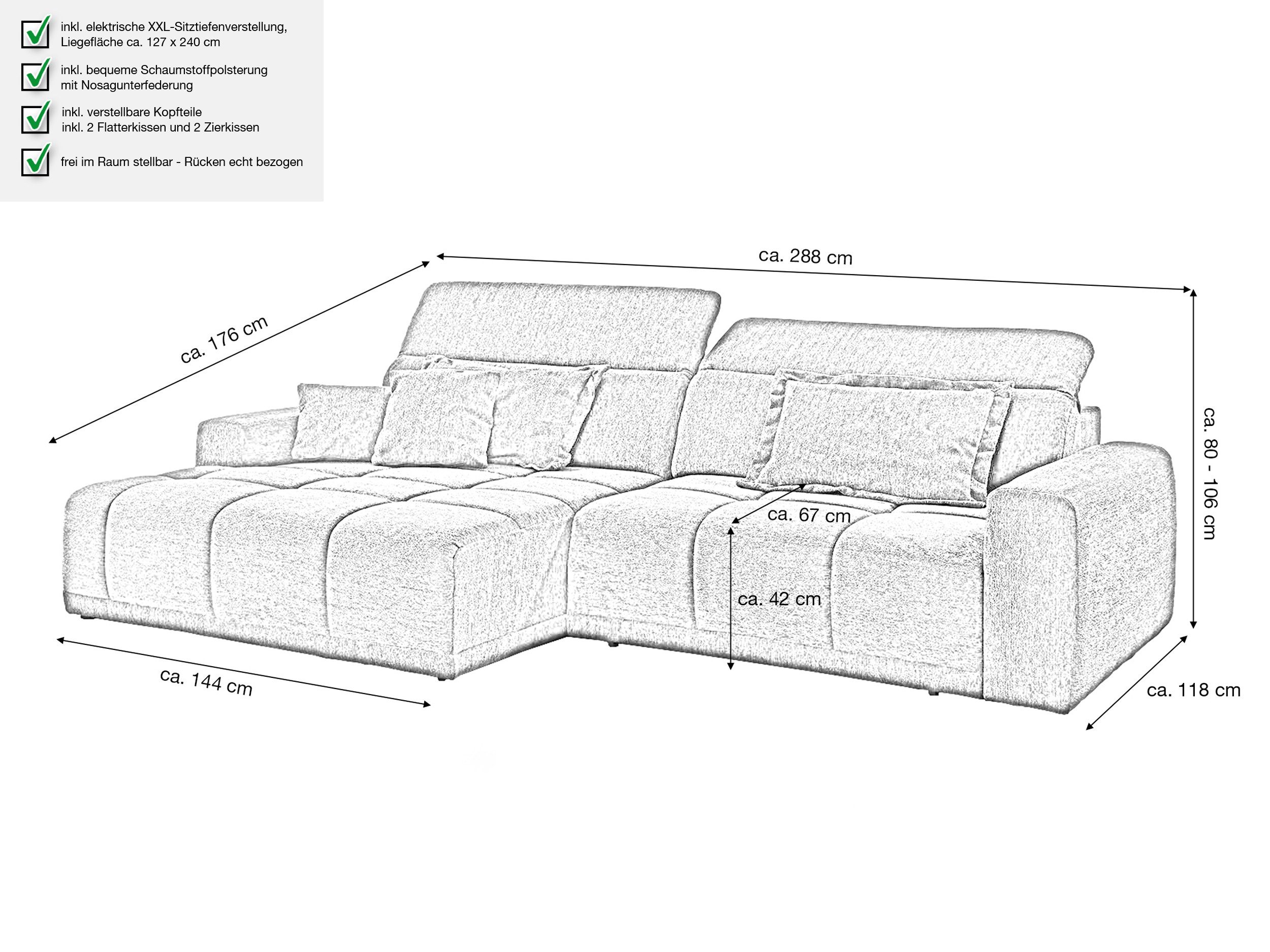 Massivart® Ecksofa Bouclé Bezug / 288 cm / elektrische Sitztiefenverstellung / BROOK, Kopfteilverstellung · Nosagunterfederung · frei im Raum stellbar