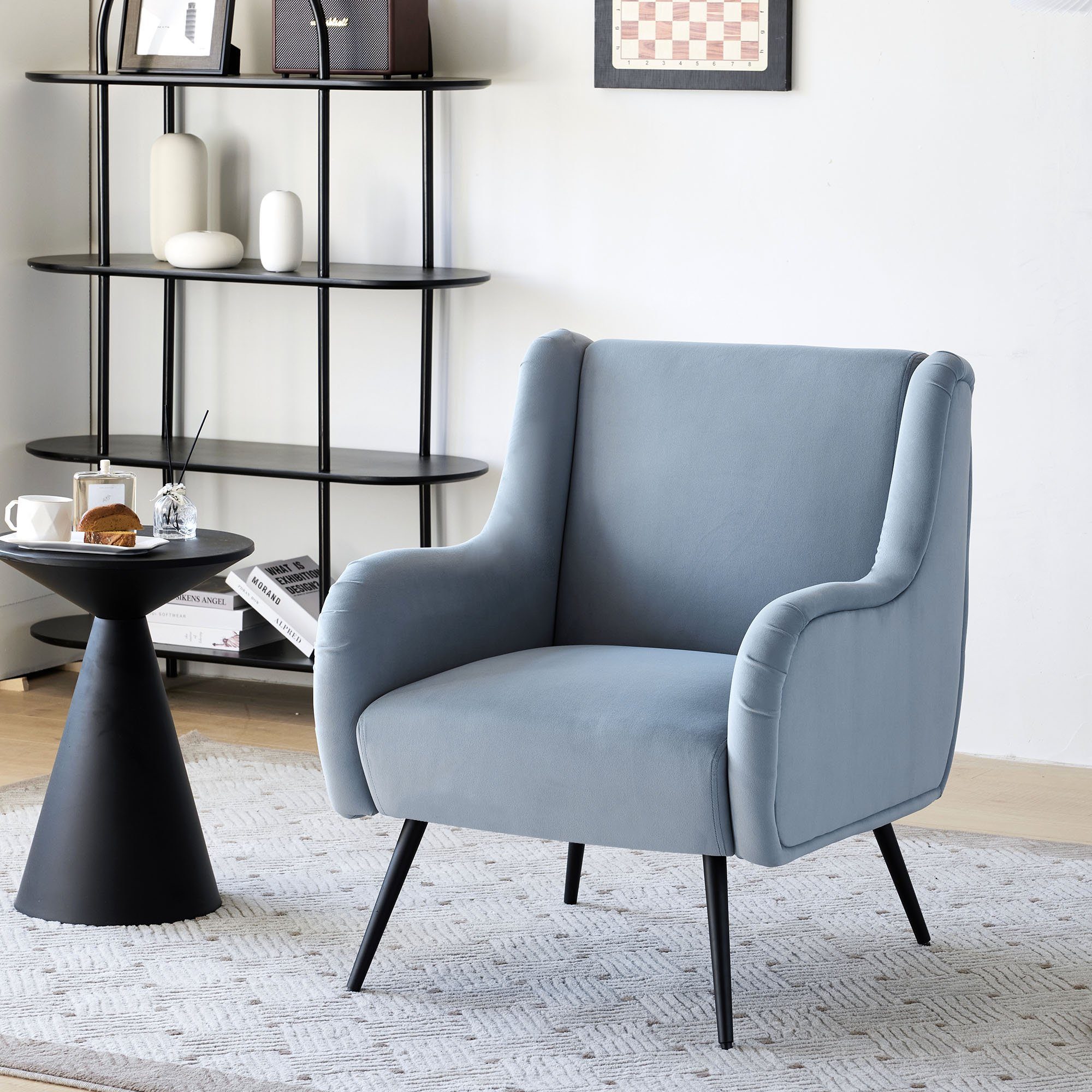 OKWISH Sessel Loungesessel Polstersessel Relaxsessel (Wohnzimmer-Freizeitsessel im modernen Stil, mit Metallbeinarmlehne), mit hoher Rückenlehne, Samtstuhl, Samtstuhl blau