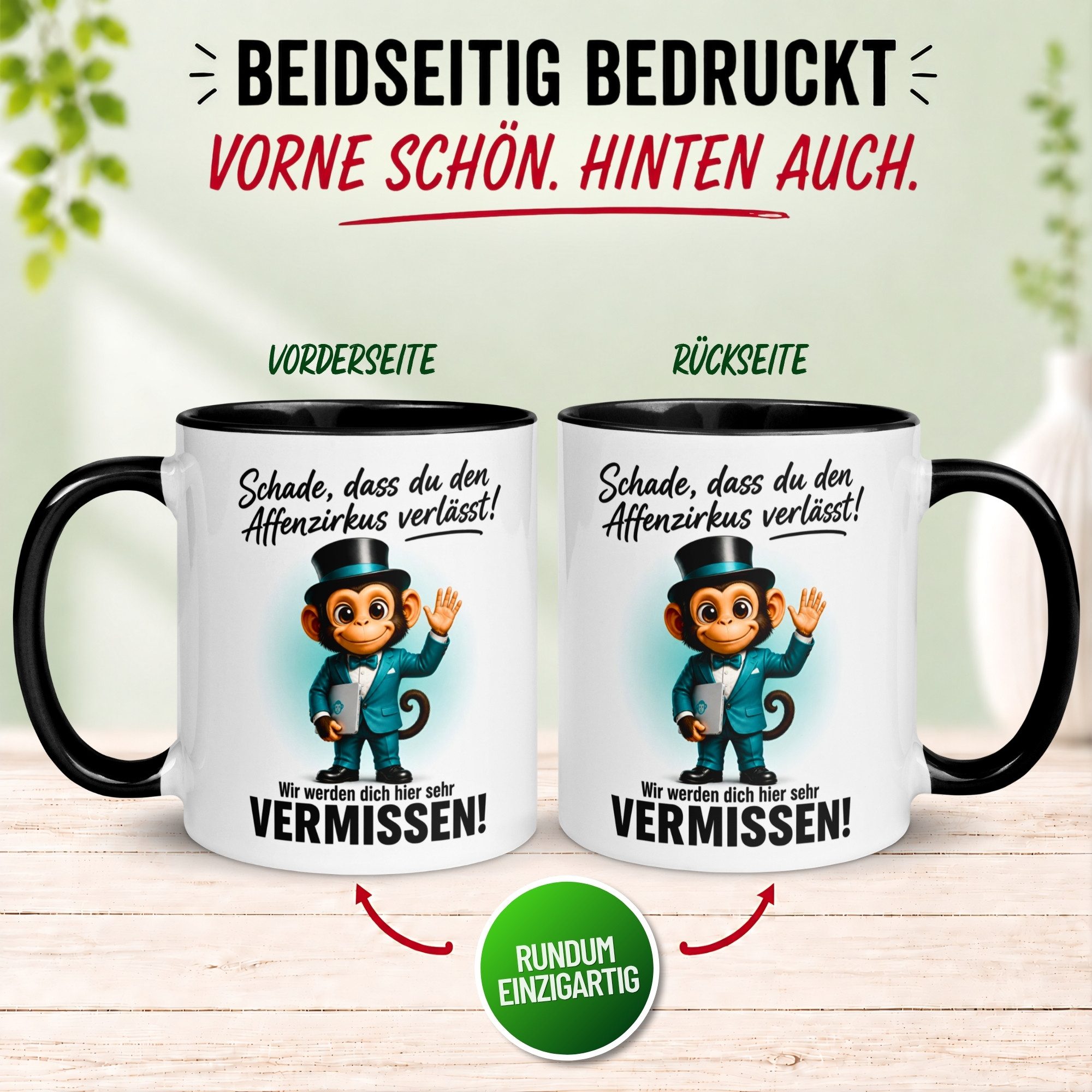 Momentals Tasse Abschiedsgeschenk Kollegen – „Schade dass du den Affenzirkus verlässt“, Gratis Versand · Links-&Rechtshänder · Spülmaschinenfest – Bild 4 von 5