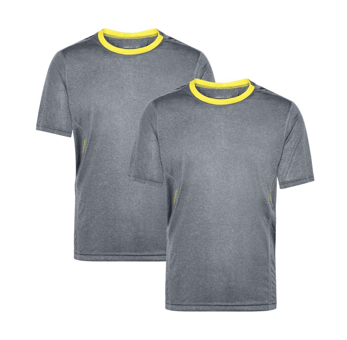 James & Nicholson Laufshirt Doppelpack Herren Kurzarm Laufshirt Running T-Shirt JN472 (Doppelpack, 2er-Pack) Atmungsaktiv und Feuchtigkeitsregulierend grey-melange/lemon